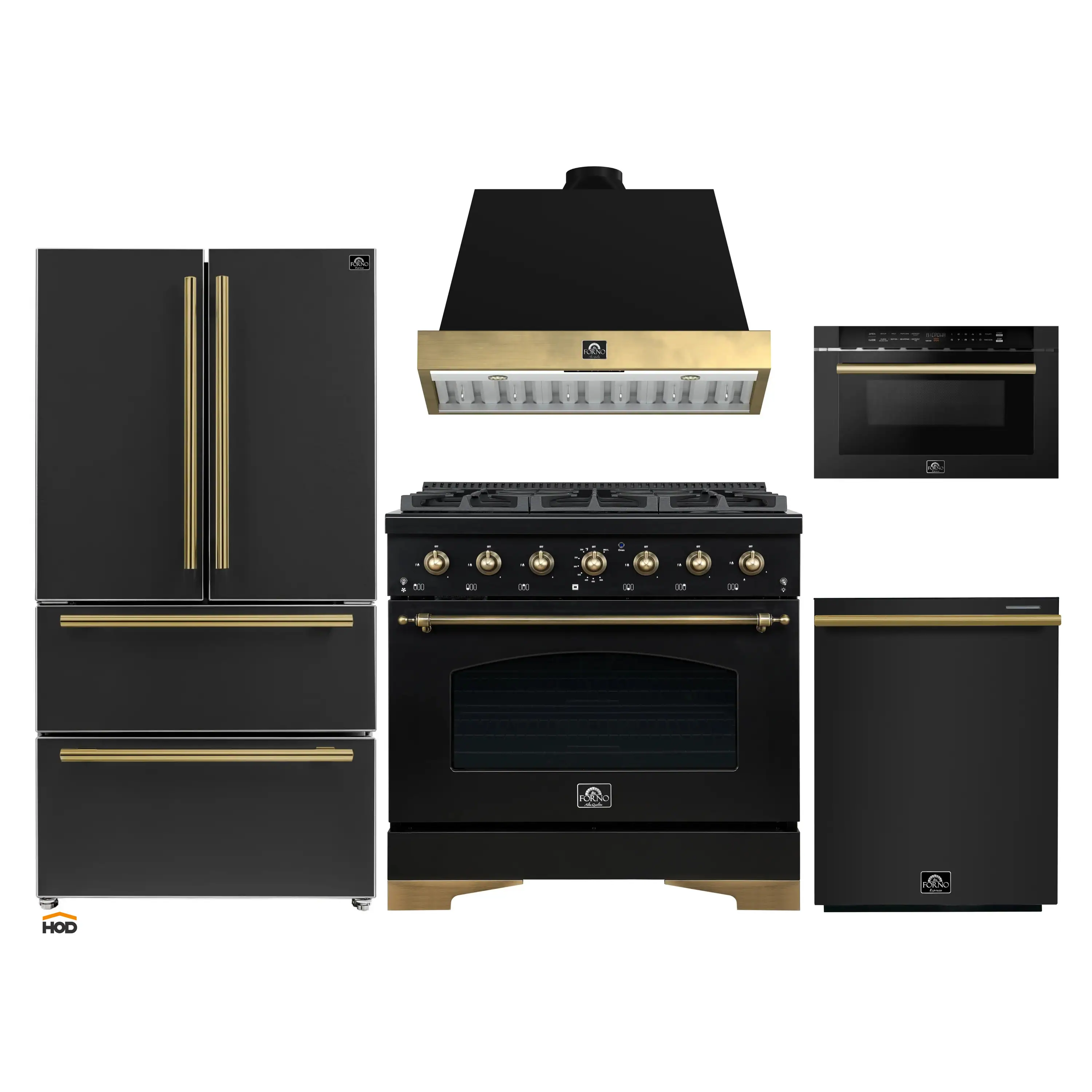 Forno Antico 5-Piece Appliance Package - 36-Inch Dual Fuel Range, 36-Inch Hood, 36-Inch Refrigerator, 24-Inch Dishwasher, & 24-Inch Microwave Drawer in Black with Antique Brass Trim