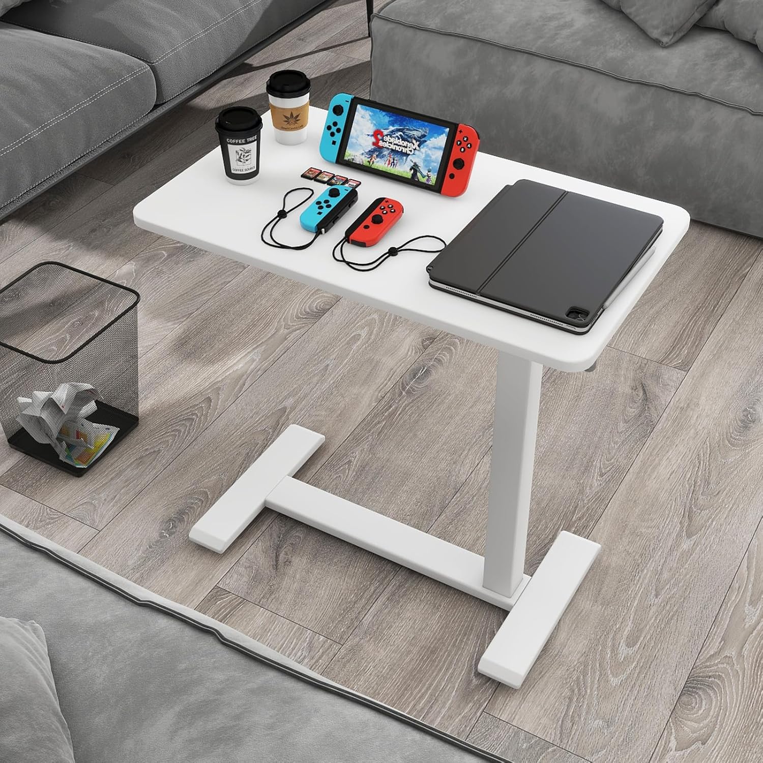 PUNCIA Medical Overbed Table with Pneumatic Lift and Hidden Casters Mobile Laptop Desk and Rolling Computer Cart – Height Adjustable Bedside Table for Hospital Recovery Home Office or Bedroom Use