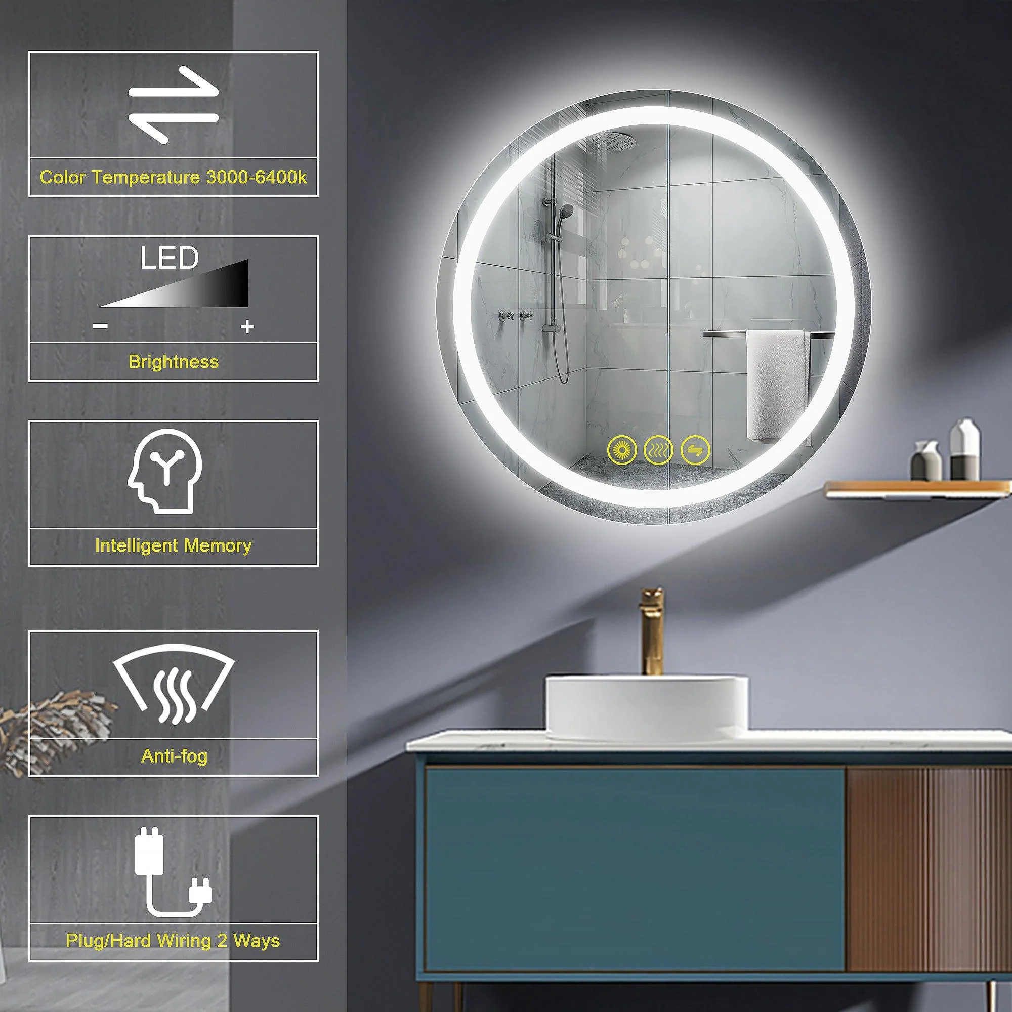 Parrot Uncle SmartShine Contemporary LED Dimmable Round Anti-Fog Backlit Bathroom Vanity Mirror