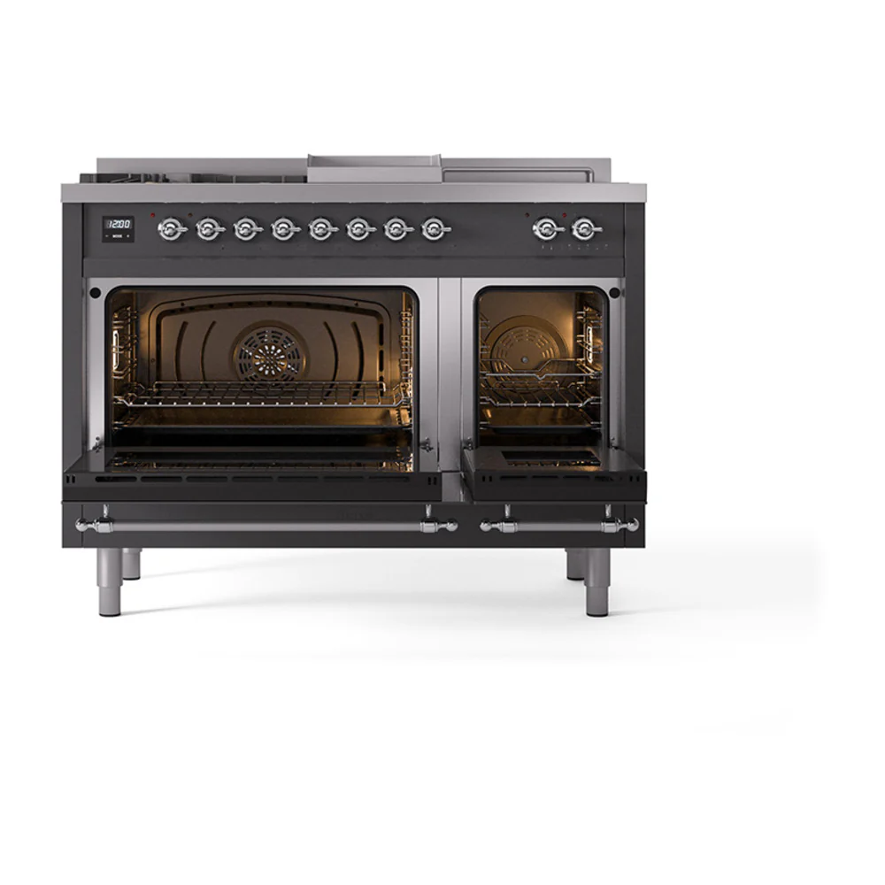 ILVE 48-Inch Nostalgie II Noblesse Dual Fuel Range with 5 Sealed Burners, Griddle, French Top and Solid Door Oven in Matte Graphite with Chrome Trim (UN48FSQNMPMGC)