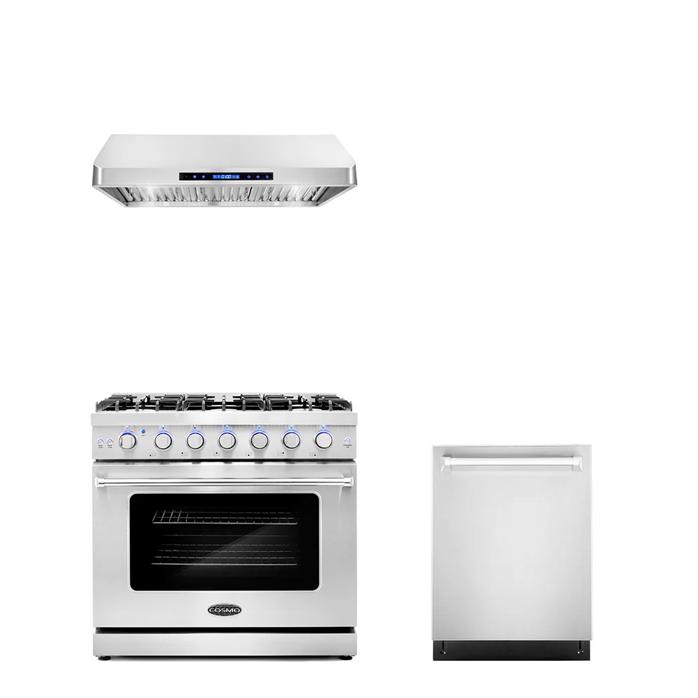 Cosmo 3 - Piece Appliance Package - 36-Inch Gas Range, 36-Inch Under Cabinet Range Hood and 24-Inch Dishwasher (COS-3PKG-030)