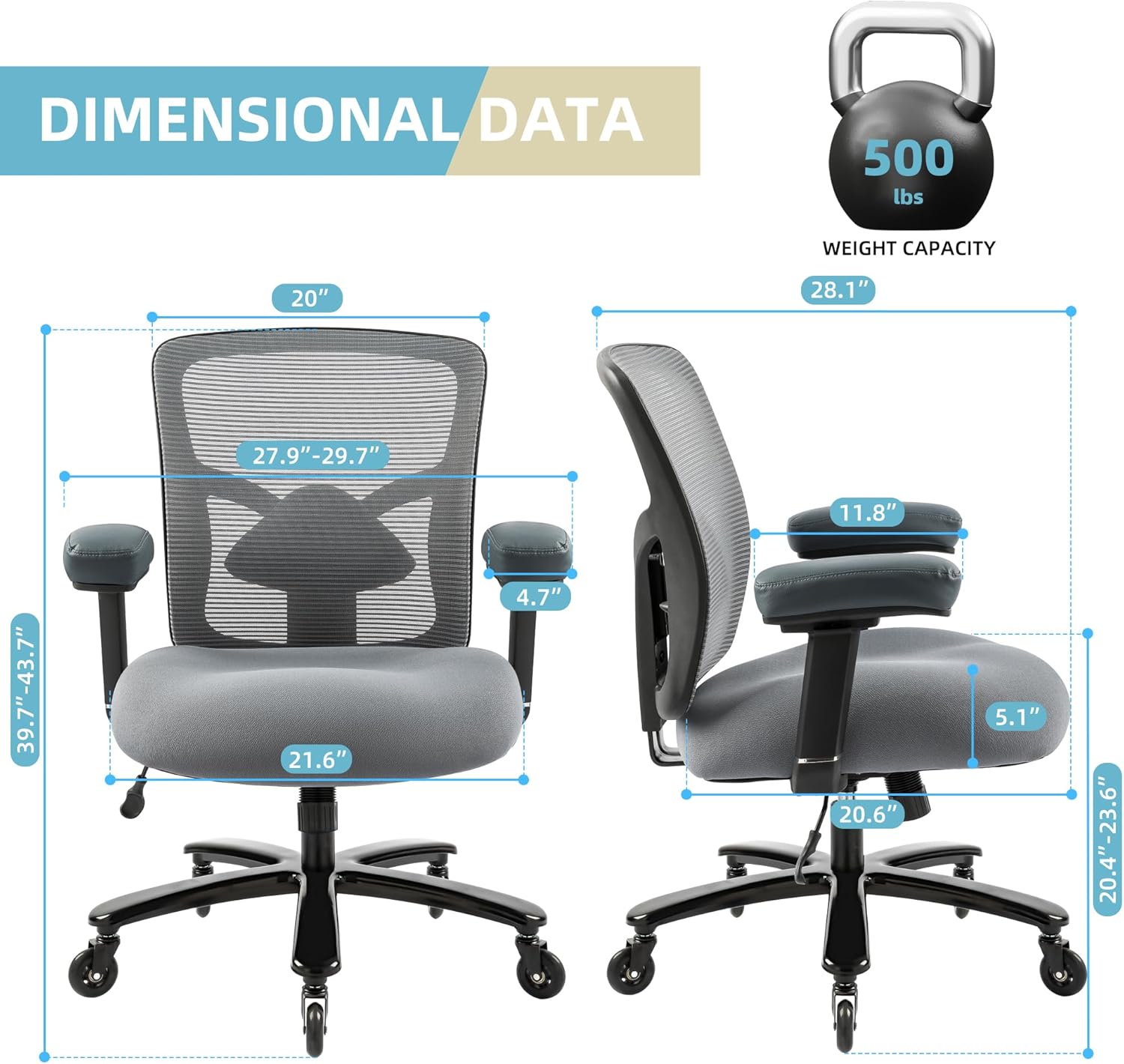 Big and Tall Office Chair 500lbs - Ergonomic Mesh Desk Chair, Heavy Duty Computer Chair-Wide Thick Seat Cushion, Adjustable Lumbar Support, Metal Base, Rubber Wheels, 4D Armrests, Grey