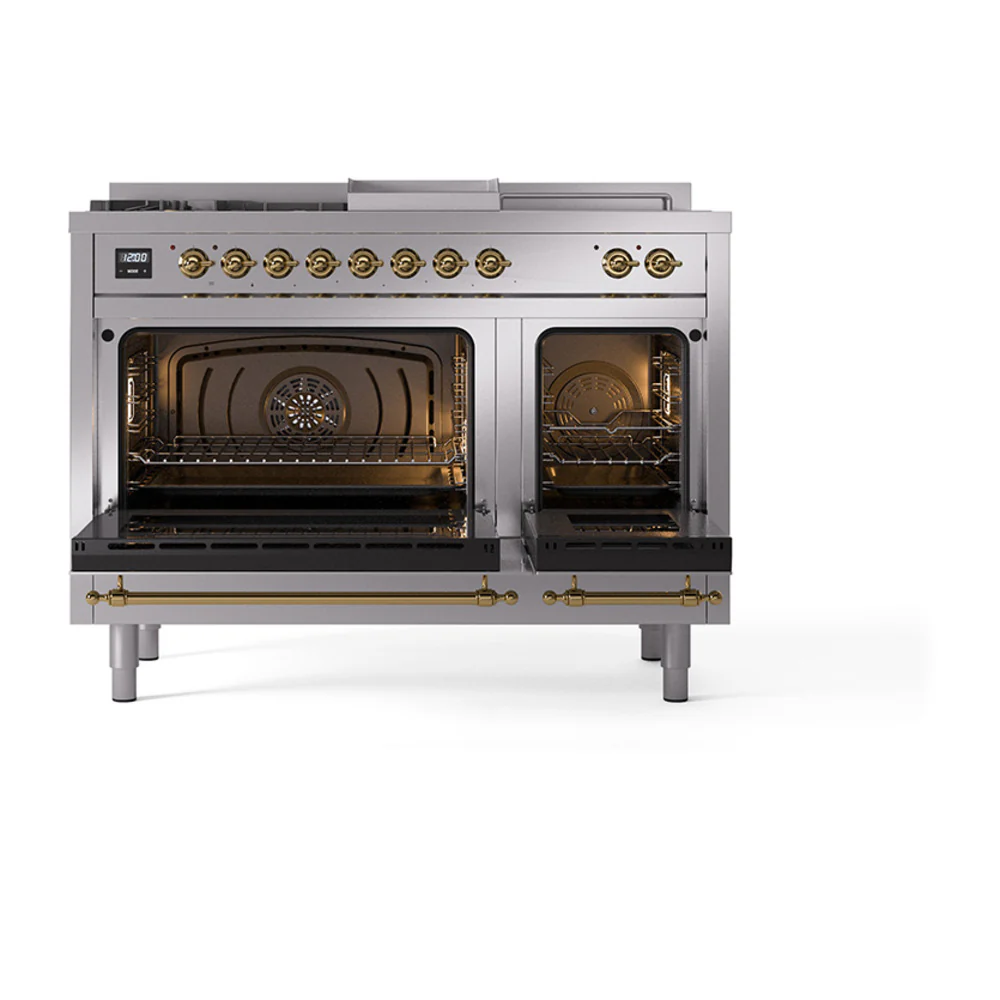 ILVE 48-Inch Nostalgie II Noblesse Dual Fuel Range with 5 Sealed Burners, Griddle, French Top and Solid Door Oven in Stainless Steel with Brass Trim (UN48FSQNMPSSG)