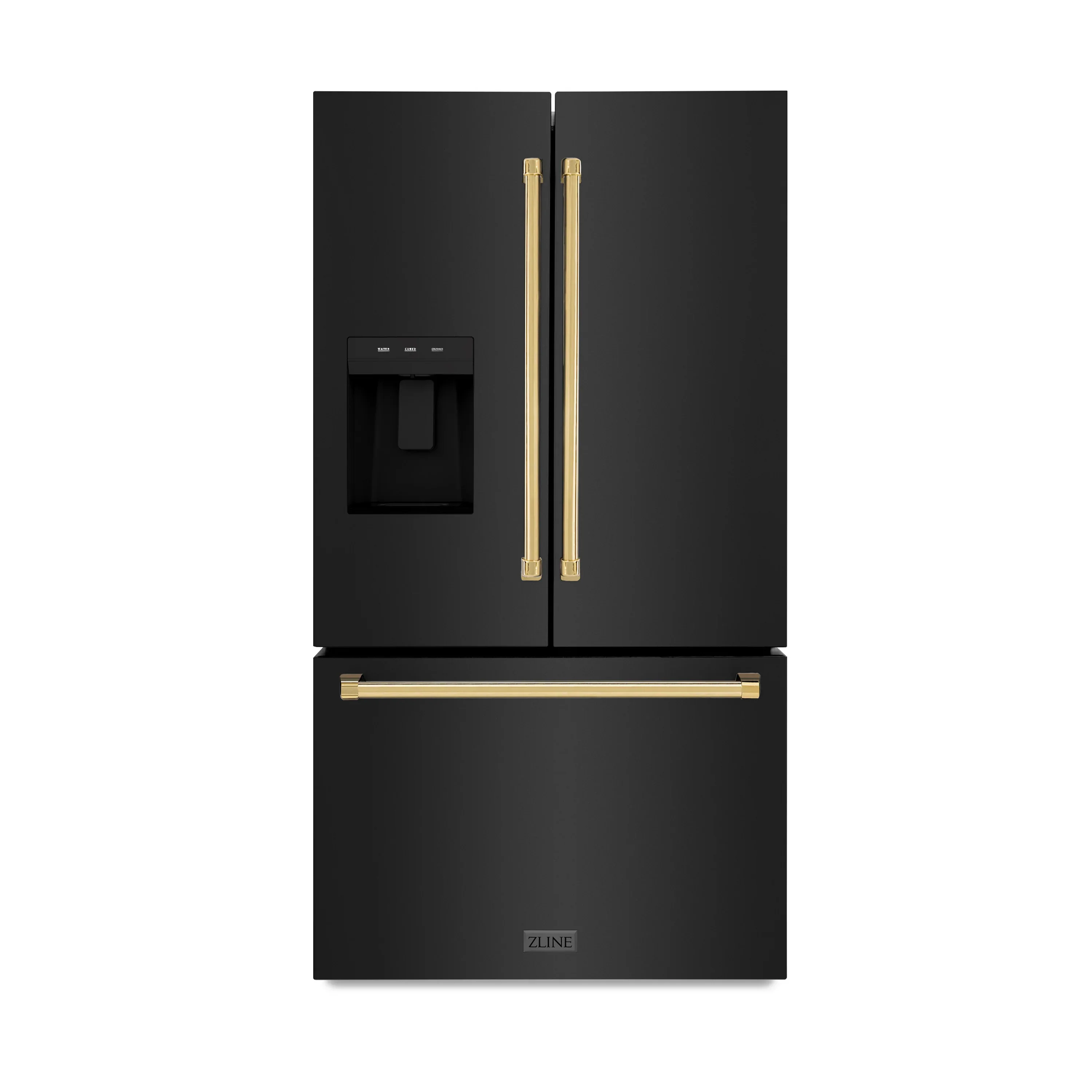 ZLINE Autograph Edition 36-Inch 28.9 cu. ft. Standard-Depth French Door External Water Dispenser Refrigerator with Dual Ice Maker in Black Stainless Steel and Polished Gold Handles (RSMZ-W-36-BS-G)