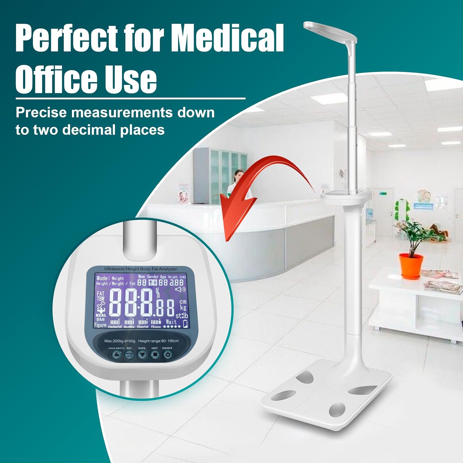 440Lbs Ultrasonic Physician Scale, Digital Height Weight Body Fat Analyzer with BMI, Large Backlit LCD, Voice Broadcast, Retractable Design for Home Hospital Gym