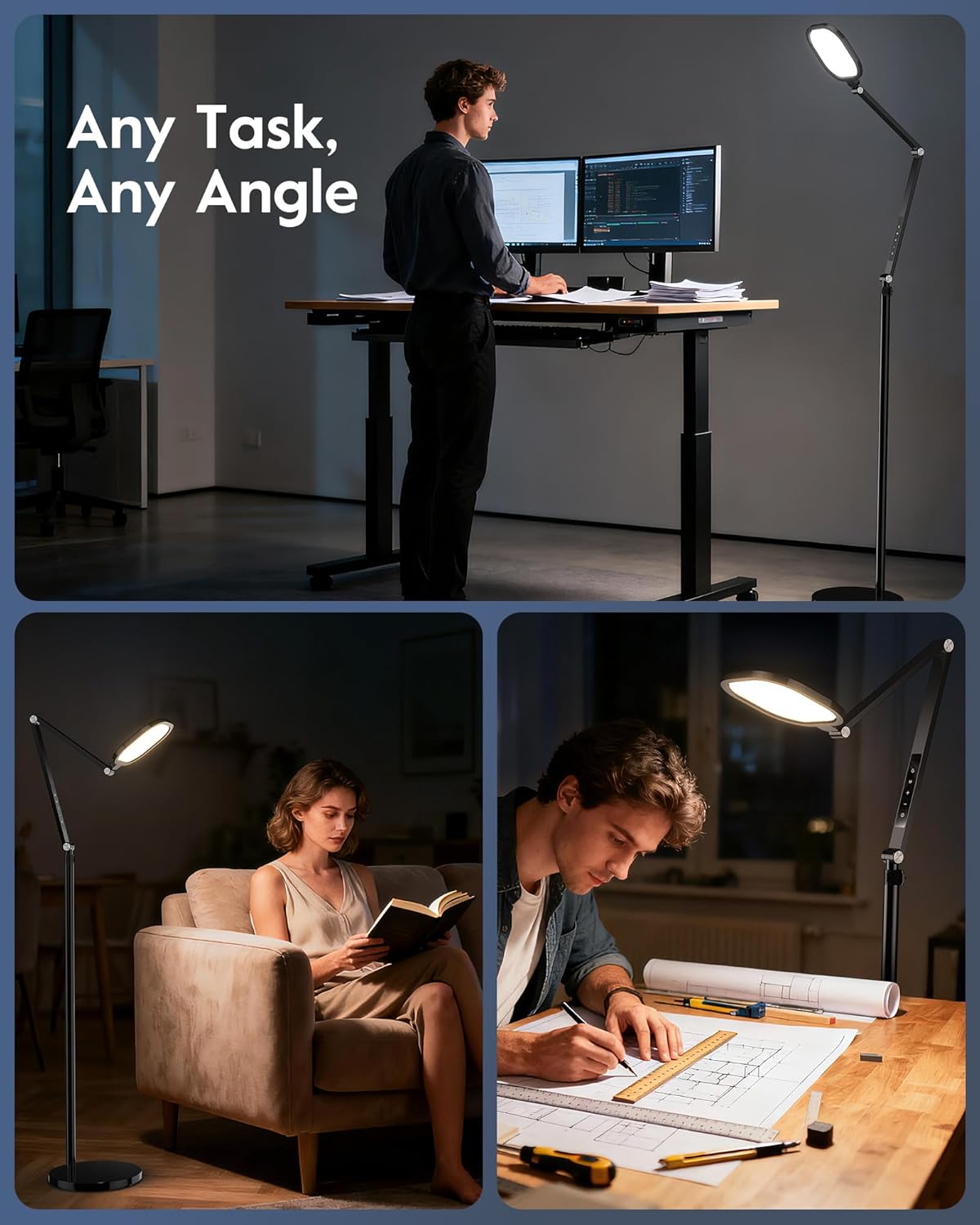 LED Floor Lamp for Office, 30 Lighting Modes Dimmable Standing Lamp with Memory & Timer Function, Soft Eye-Caring Office Lamp, Adjustable Swing Arm Reading Floor Lamp