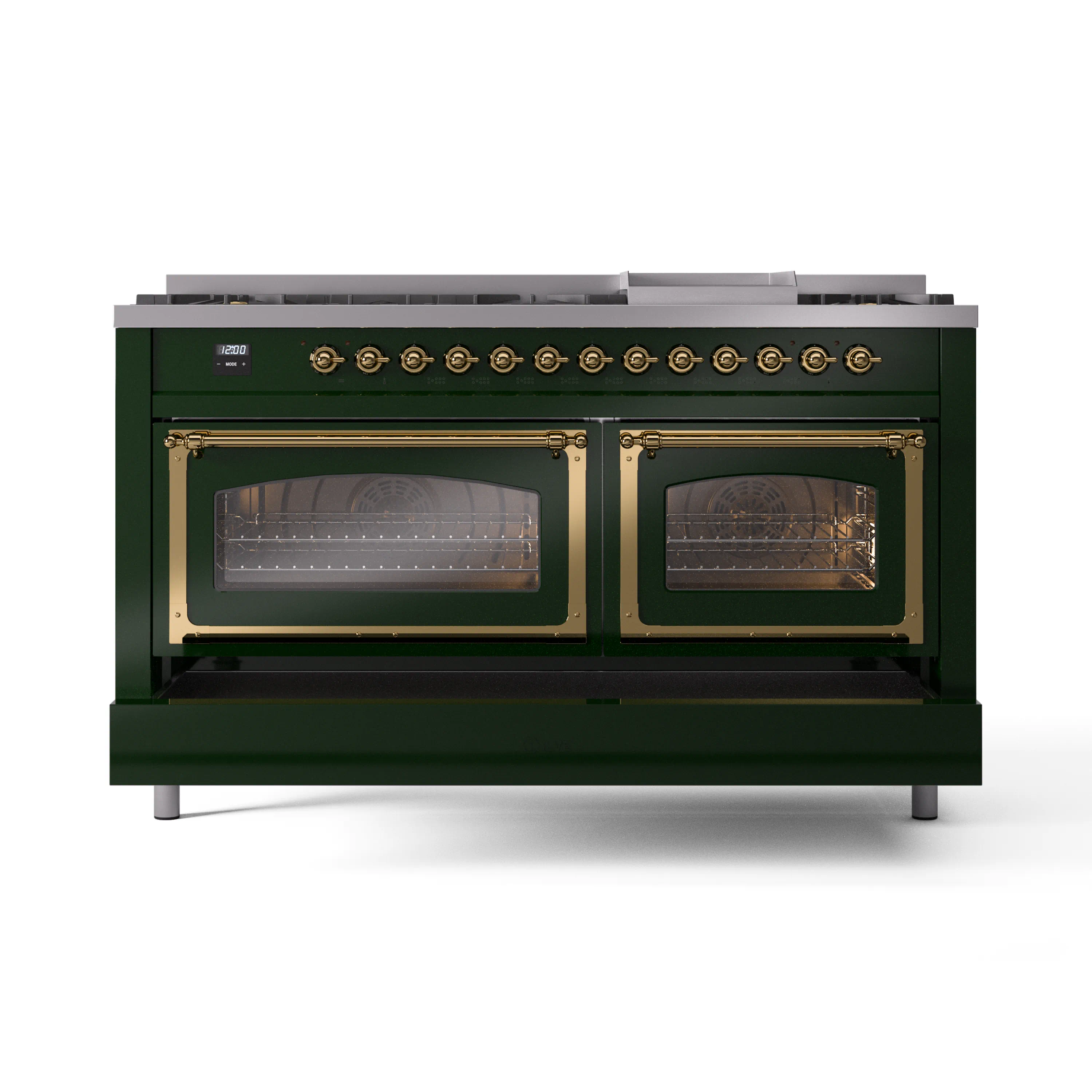 ILVE 60-Inch Nostalgie II Noblesse Dual Fuel Range with 9 Sealed Burners, Griddle, Triple Glass Door Oven in Emerald Green with Brass Trim (UN60FNMPEGG)