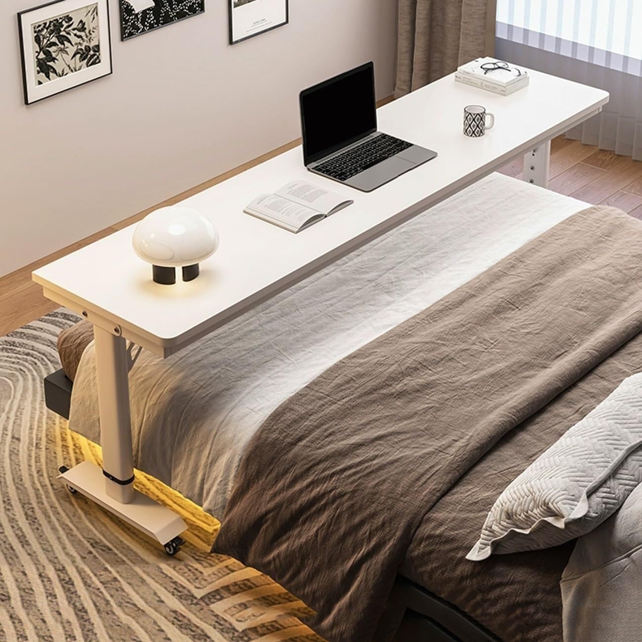 Overbed Table with 360° Wheels, Movable Cross Bed Office Desk, Height Adjustable, Vertical Workstation Laptop Desk, for Bedroom, Hospital