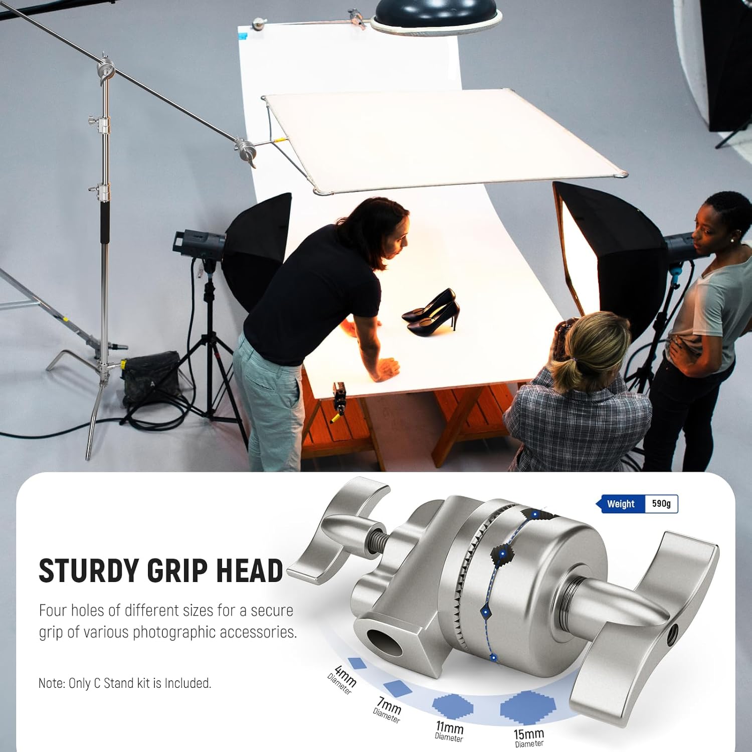 NEEWER Basics 100% Stainless Steel Heavy Duty C Stand with Boom Arm, Max 10.5ft/320cm Photography Light Stand, 4.2ft/128cm Holding Arm, 2 Grip Heads for Studio Monolight Softbox Reflector, SC320 Lite