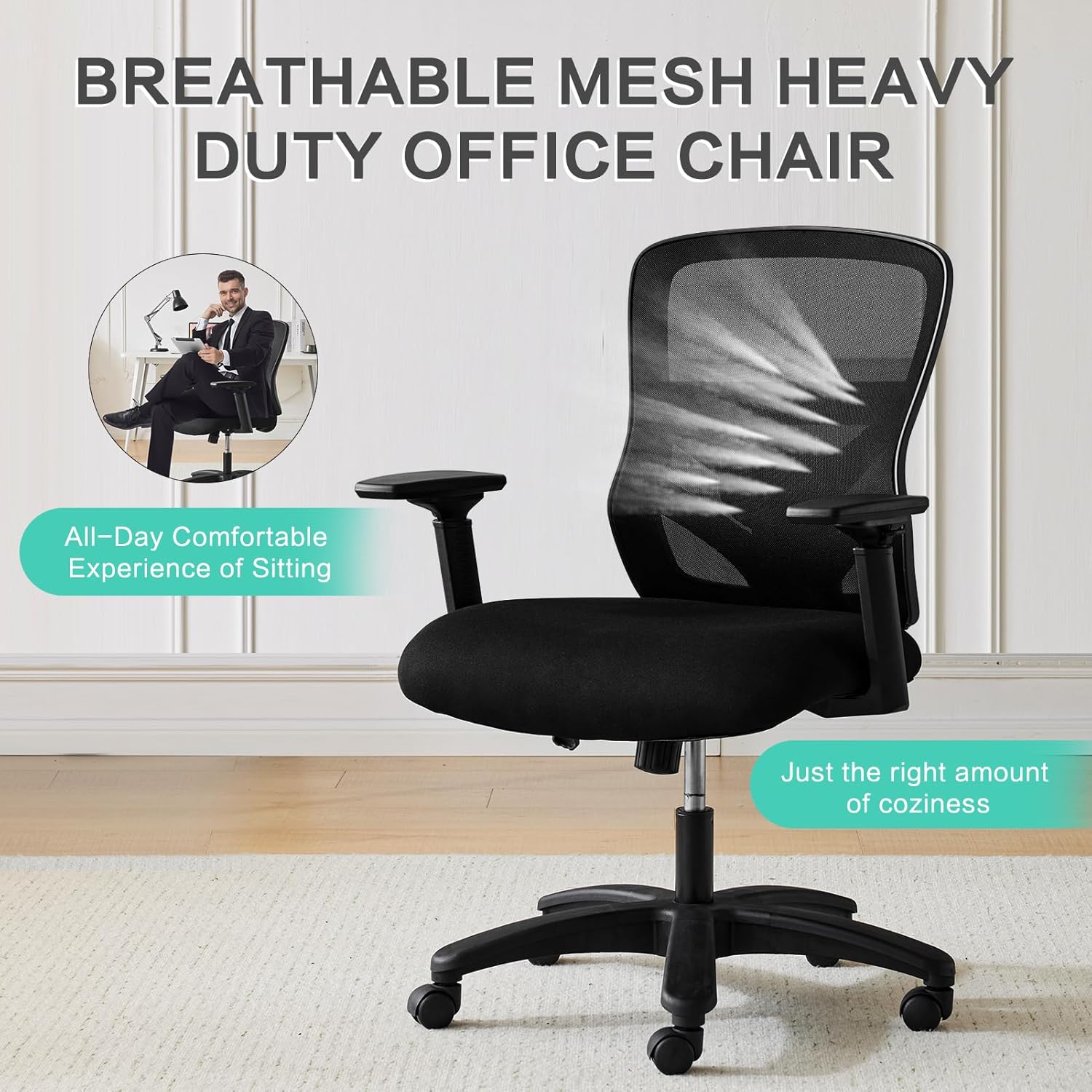 YFO Big and Tall Office Chair 500LBS - Computer Desk Chair with Adjustable Lumbar Support, Heavy Duty Ergonomic Mesh with 360 Rotation 4D Arm and Extra Wide Comfty Seat, Quiet Wheels for Adults