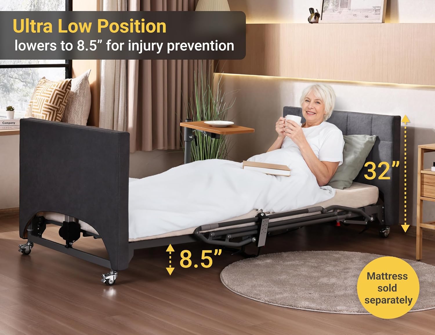Hospital Bed with 5 Electric Functions – Advanced German Technology Medical Bed for Home Use – Overbed Table & Rails Included – Adjustable Height 8.5”-25”