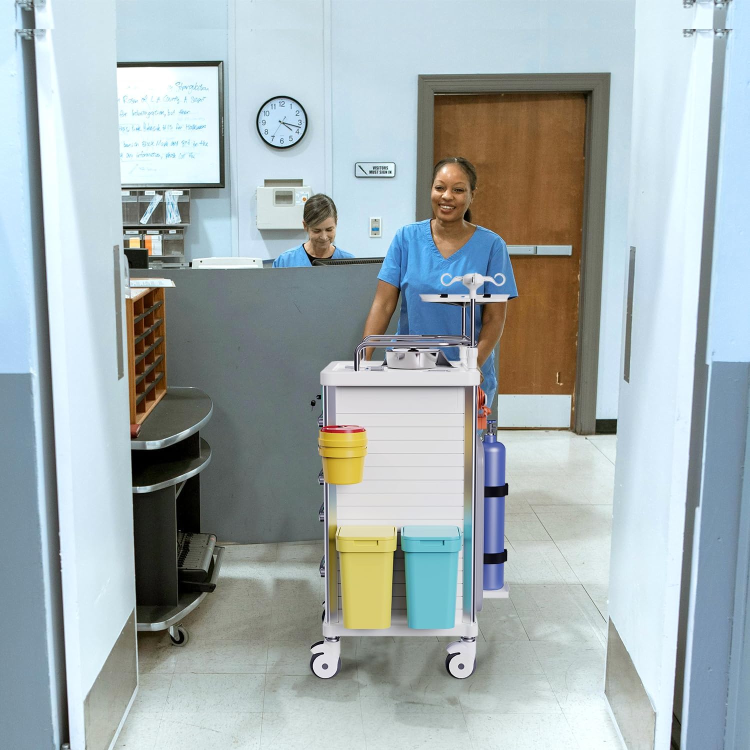 Rolling Crash Cart Medical with Drawers - Adjustable IV Pole, Silent Casters, Needle Disposal Holder, Trash Bin, O2 Holder, Utility Trolley Cart for Clinic, Hospital, Salon, Lab