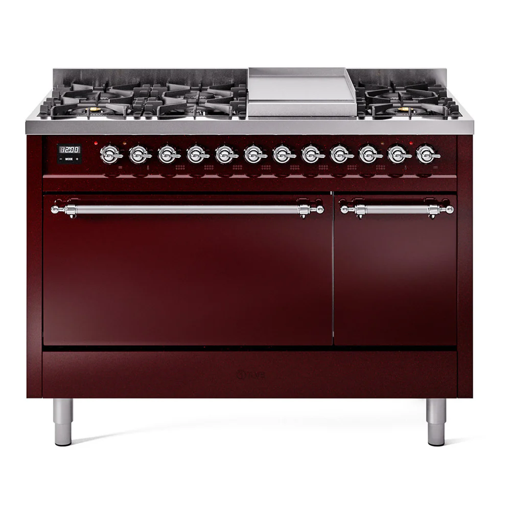 ILVE 48-Inch Nostalgie II Dual Fuel Range with 8 Burners, Griddle, and Solid Door Oven in Burgundy with Chrome Trim (UP48FQNMPBUC)
