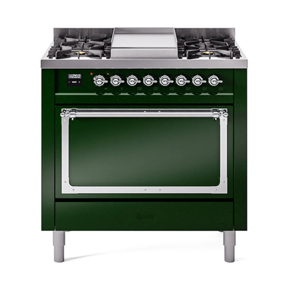 ILVE Nostalgie II Noblesse 36-Inch Dual Fuel Range and Solid Door Oven in Emerald Green with Chrome Trim (UN36FQNMPEGC)