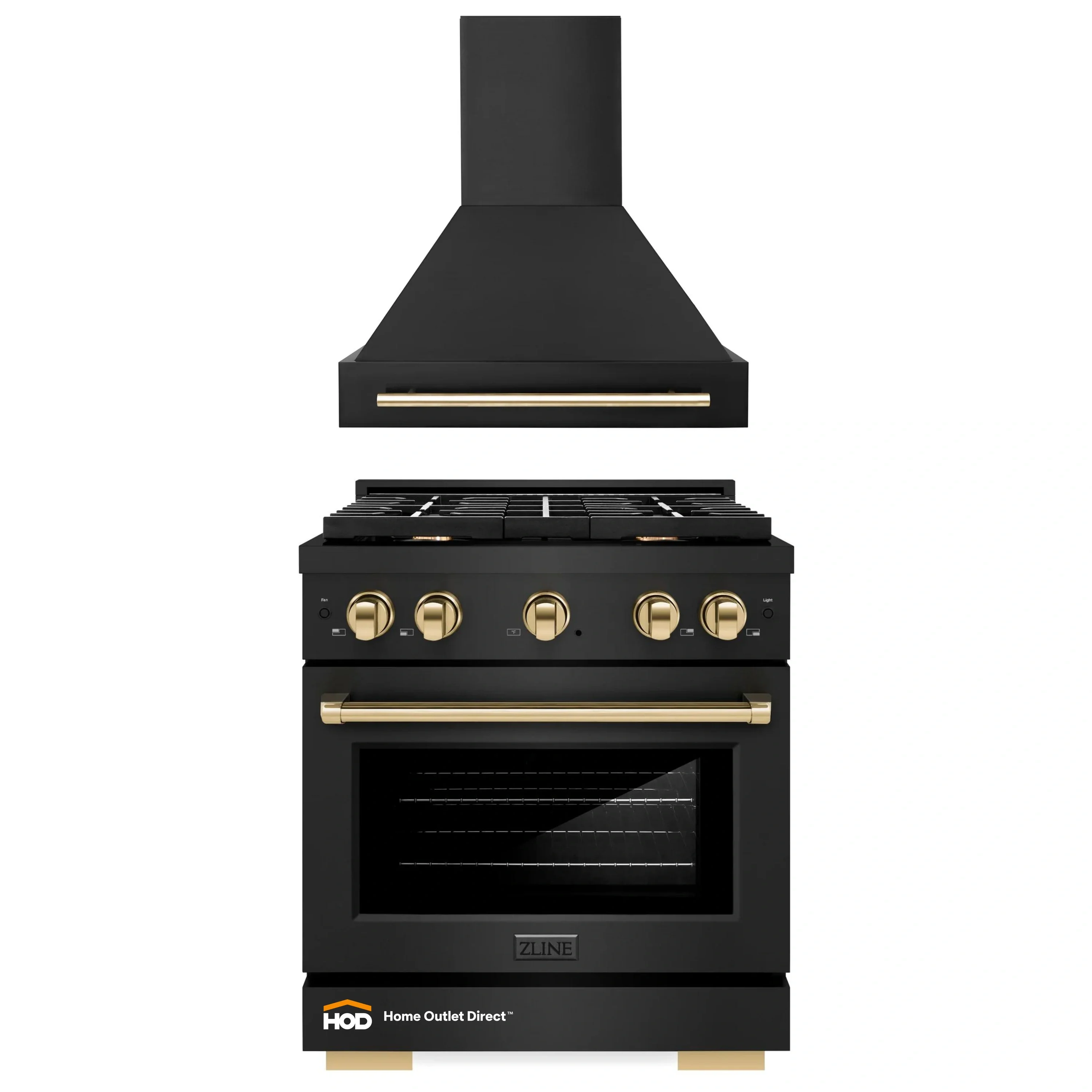 ZLINE Autograph Edition 2-Piece Appliance Package - 30-Inch Gas Range & Wall Mounted Range Hood in Black Stainless Steel with Gold Trim (2AKP-SGRBRH30-G)