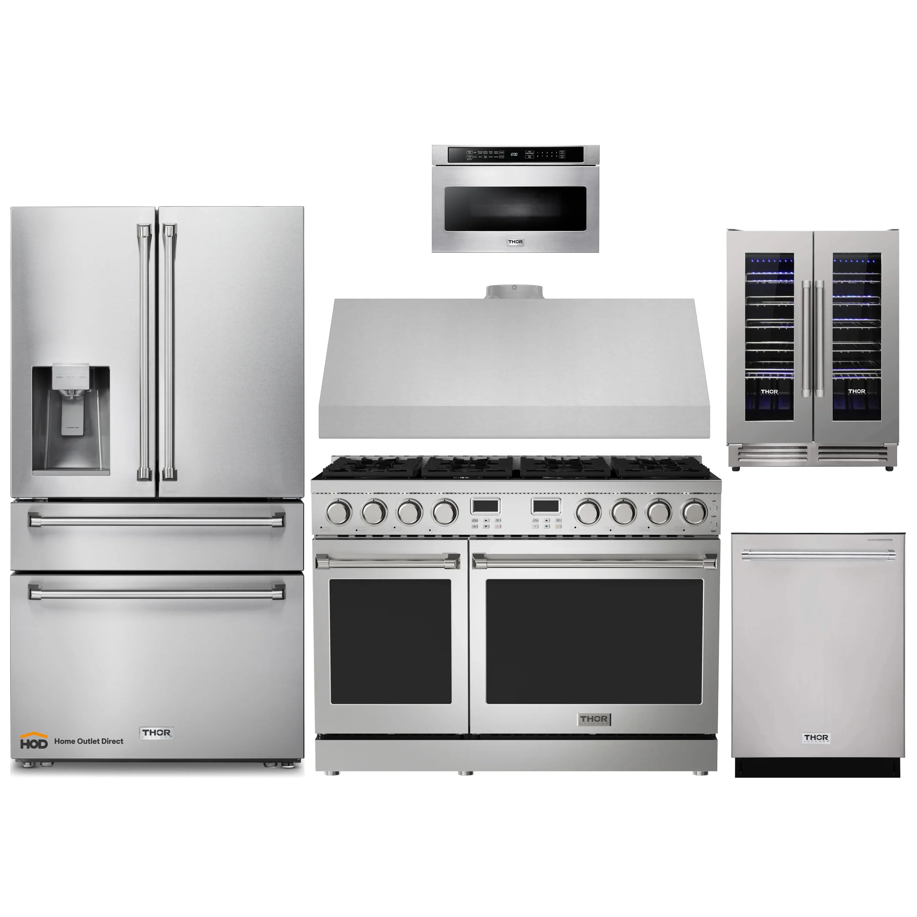 Thor Kitchen A-Series 6-Piece Appliance Package - 48-Inch Gas Range, Under Cabinet Range Hood, Refrigerator with Water Dispenser, Dishwasher, Microwave, and Wine Cooler in Stainless Steel