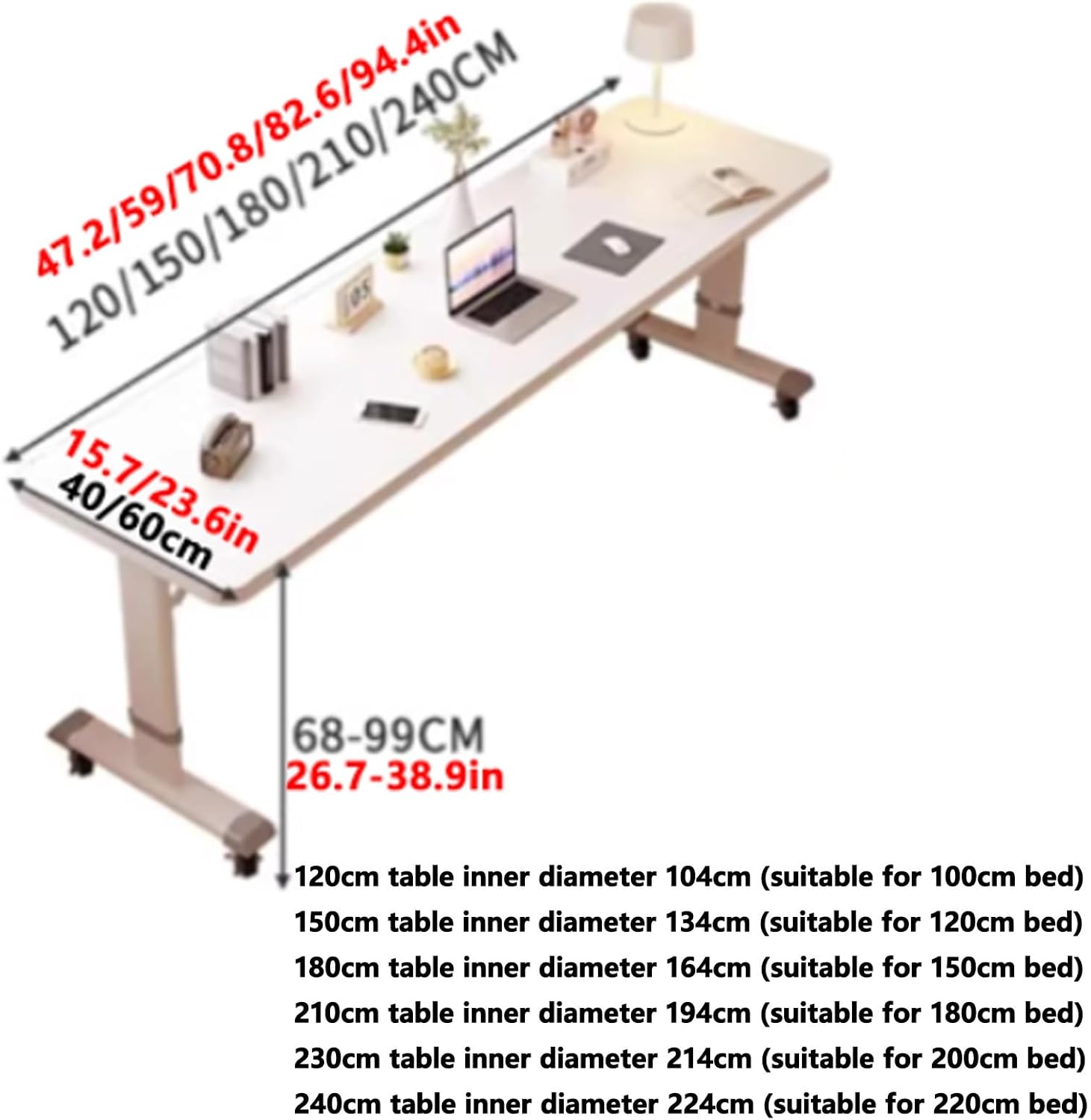 Overbed Table with Swivel Wheels, Bedside Over The Bed Table Adjustable Height, Standing Laptop Cart for Elderly, Hospital Patients, Home(180x40cm/70.8x15.7in)