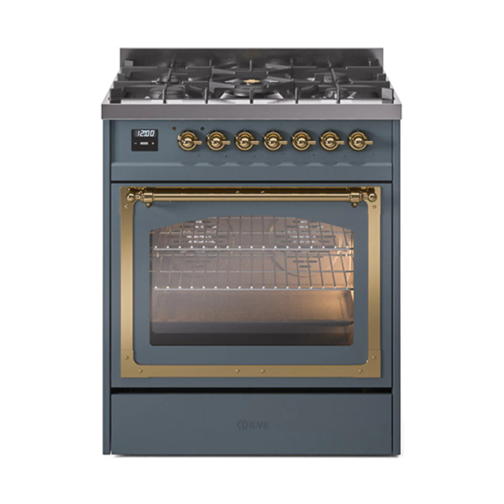 ILVE Nostalgie II Noblesse 30-Inch Dual Fuel Range with Triple Glass Door in Blue Grey with Brass Trim (UN30NMPBGG)