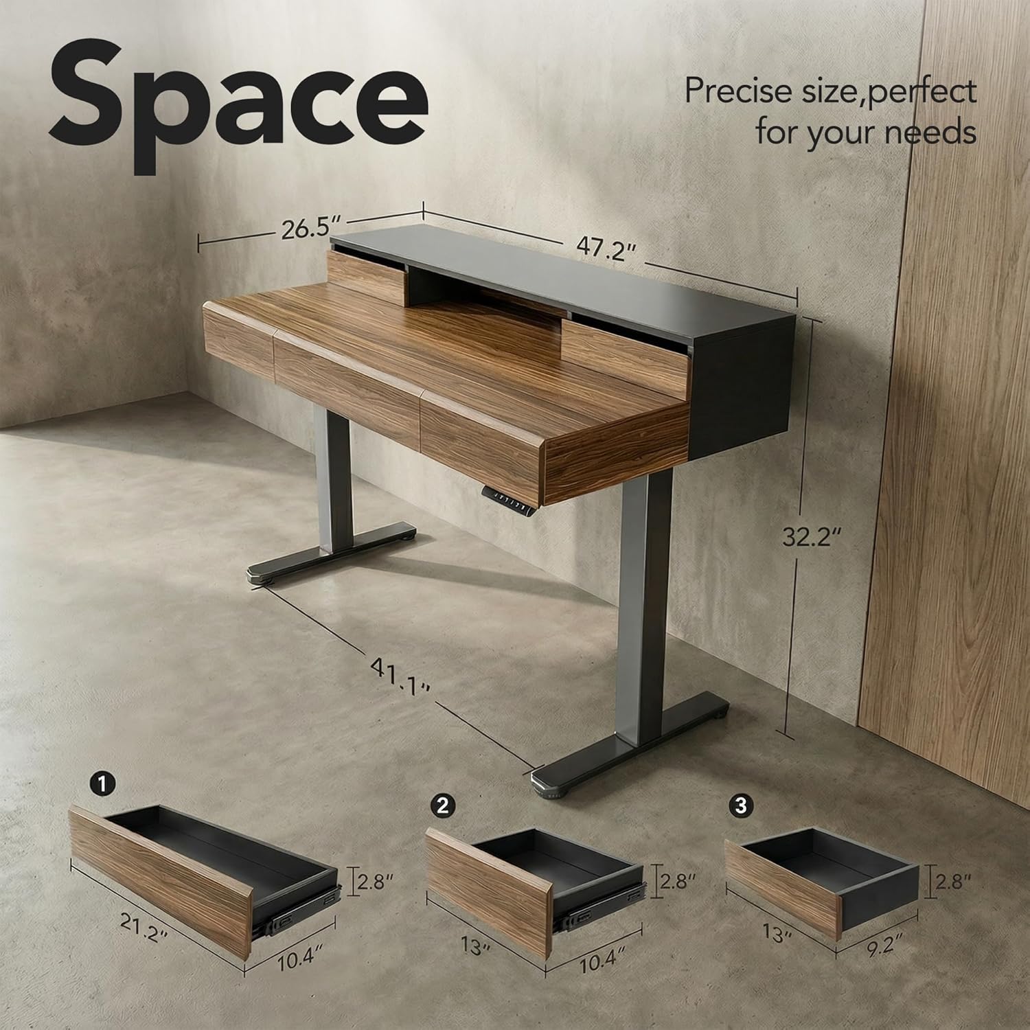 ErGear Electric Standing Desk with 5 Solid Wood Drawers, 48 x 26 Inches Whole Piece Desktop, with Desktop Riser Stand, Compatible with C-Clamp Monitor Arms, Modern Office Desk, Dark Walnut