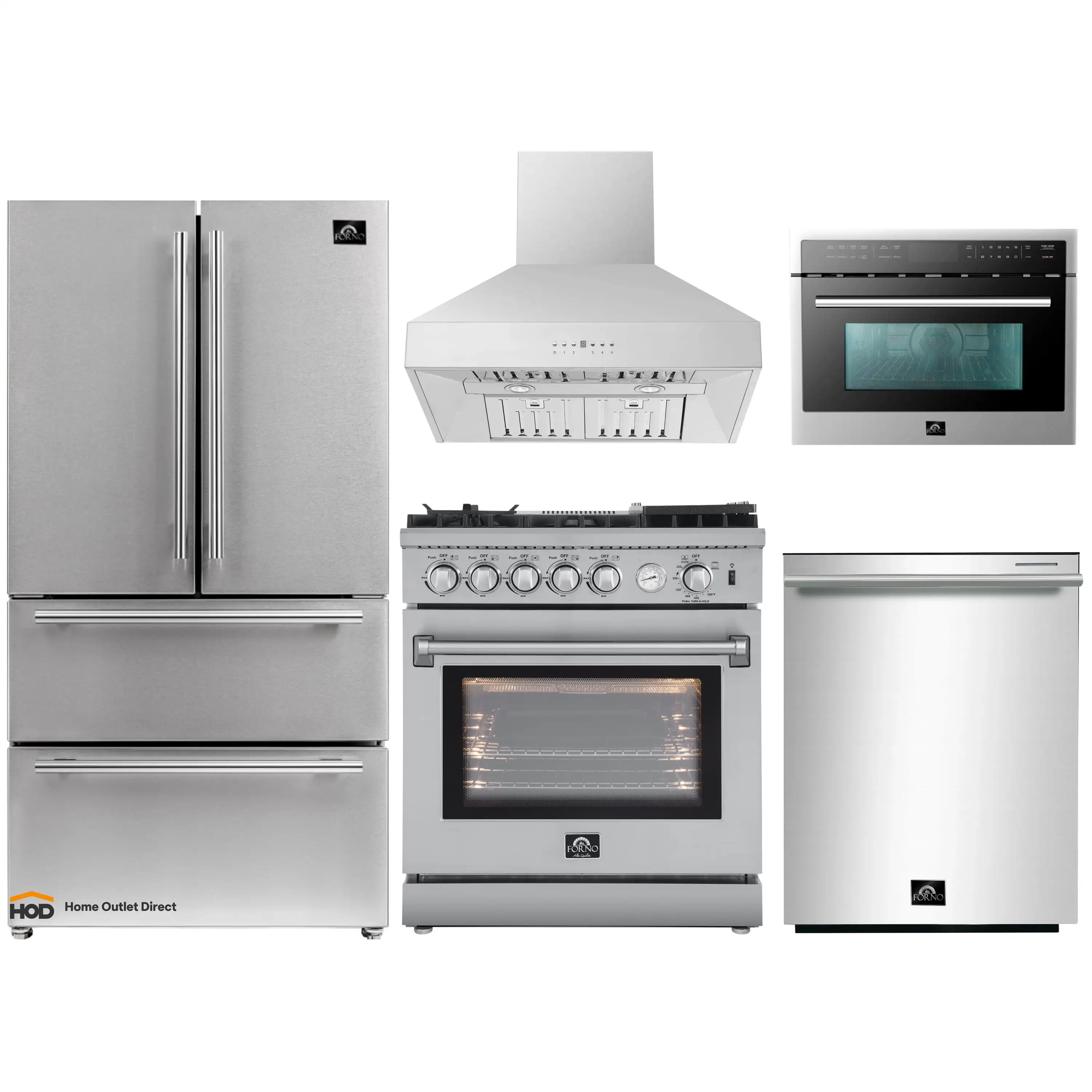 Forno 5-Piece Appliance Package - 30-Inch Gas Range with Air Fryer, Refrigerator, Wall Mount Hood, 24-Inch Microwave Oven, & 3-Rack Dishwasher in Stainless Steel