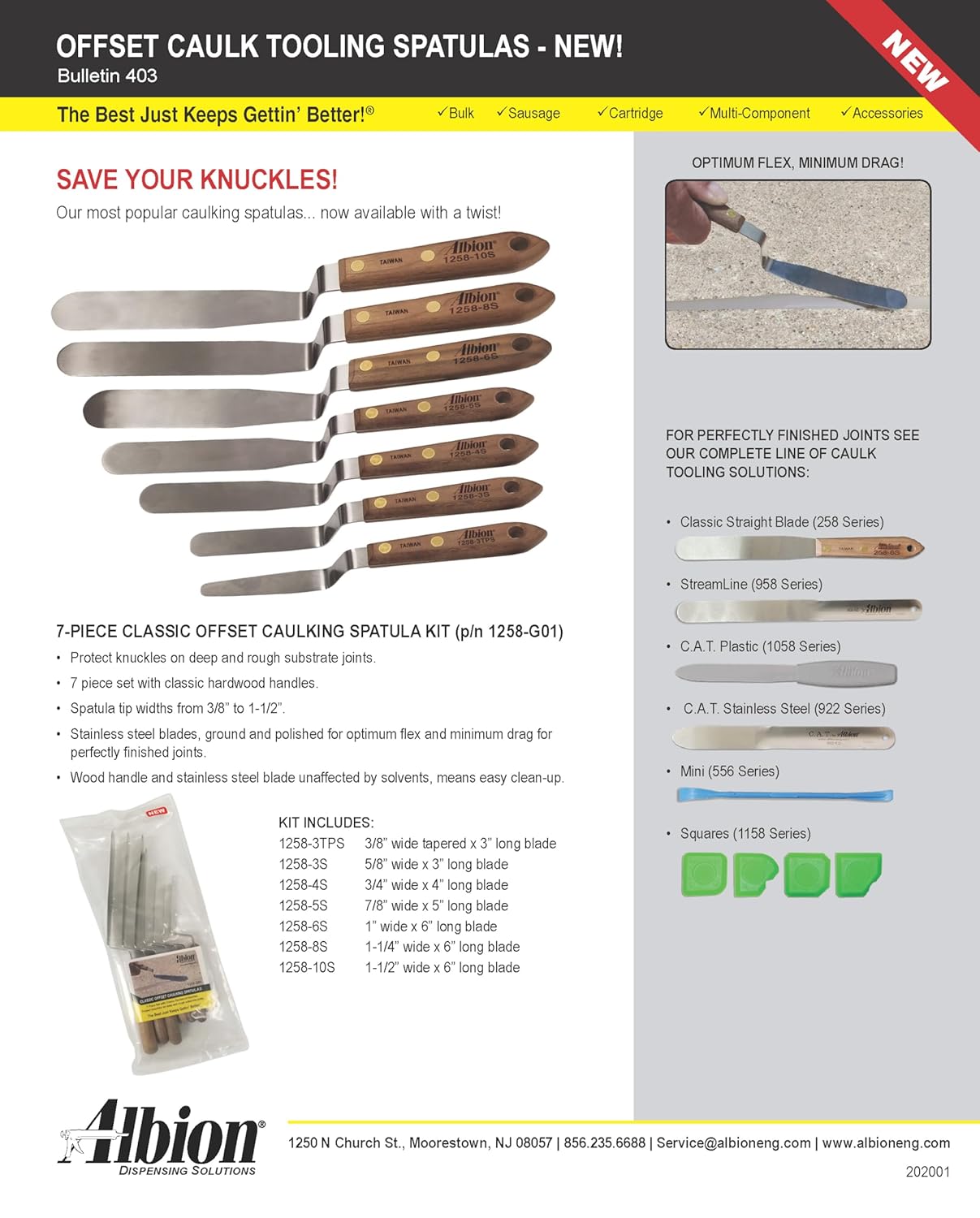 Albion Engineering 1258-G01 7-Piece Classic Offset Caulk Tooling Spatula Set, Stainless Steel with Hardwood Handle