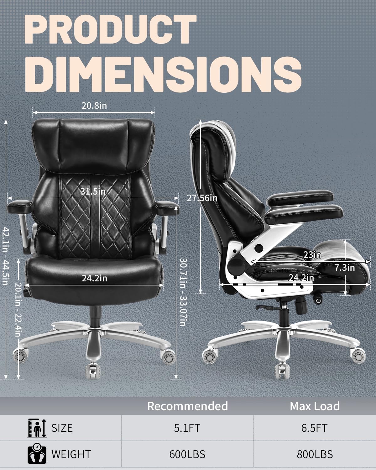 800lbs Executive Chairs with 5D Flip Arms, Heavy Duty Office Chair with Adjustable Lumbar Support, Office Chair for Heavy People, Big and Tall chair with Quiet Rubber Wheel and Extra Wide seat