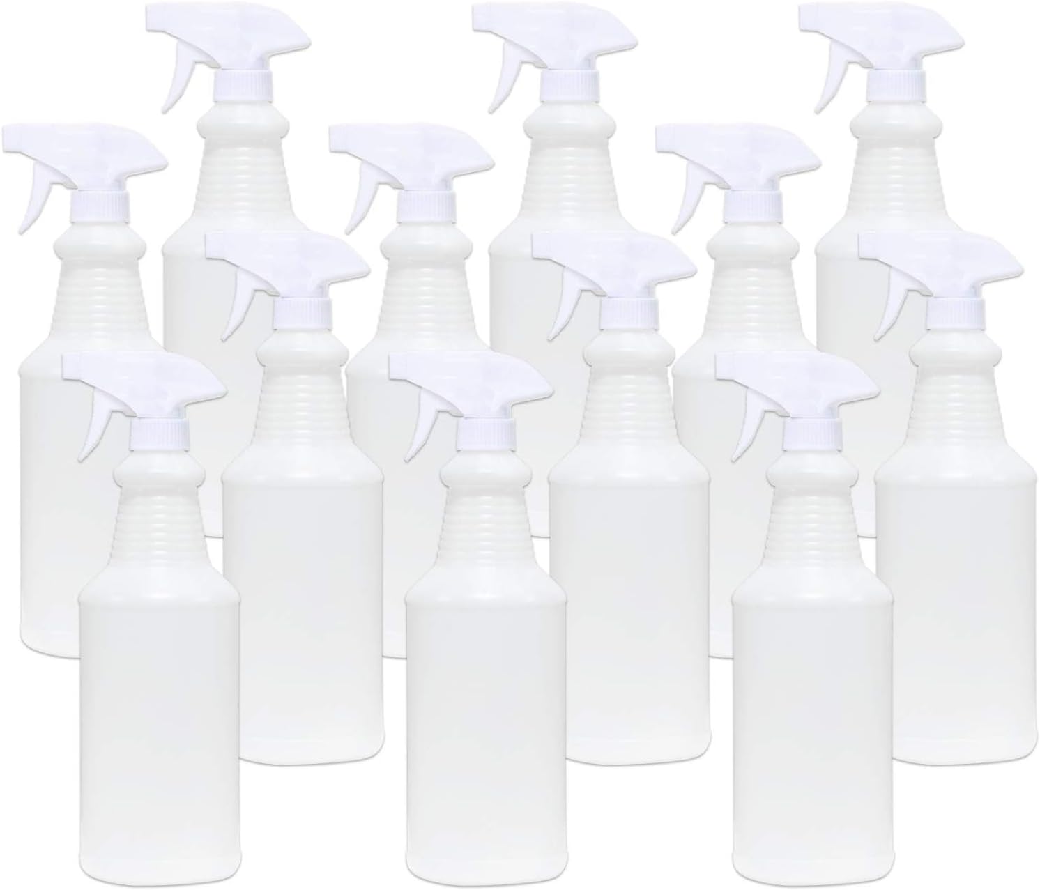 Nu-Foam Heavy-Duty Plastic Spray Bottles, 32 oz Empty Refillable Bottles with Adjustable Nozzle Sprayer, White, Multipurpose for Home and Commercial Use, 12 Pack (100)