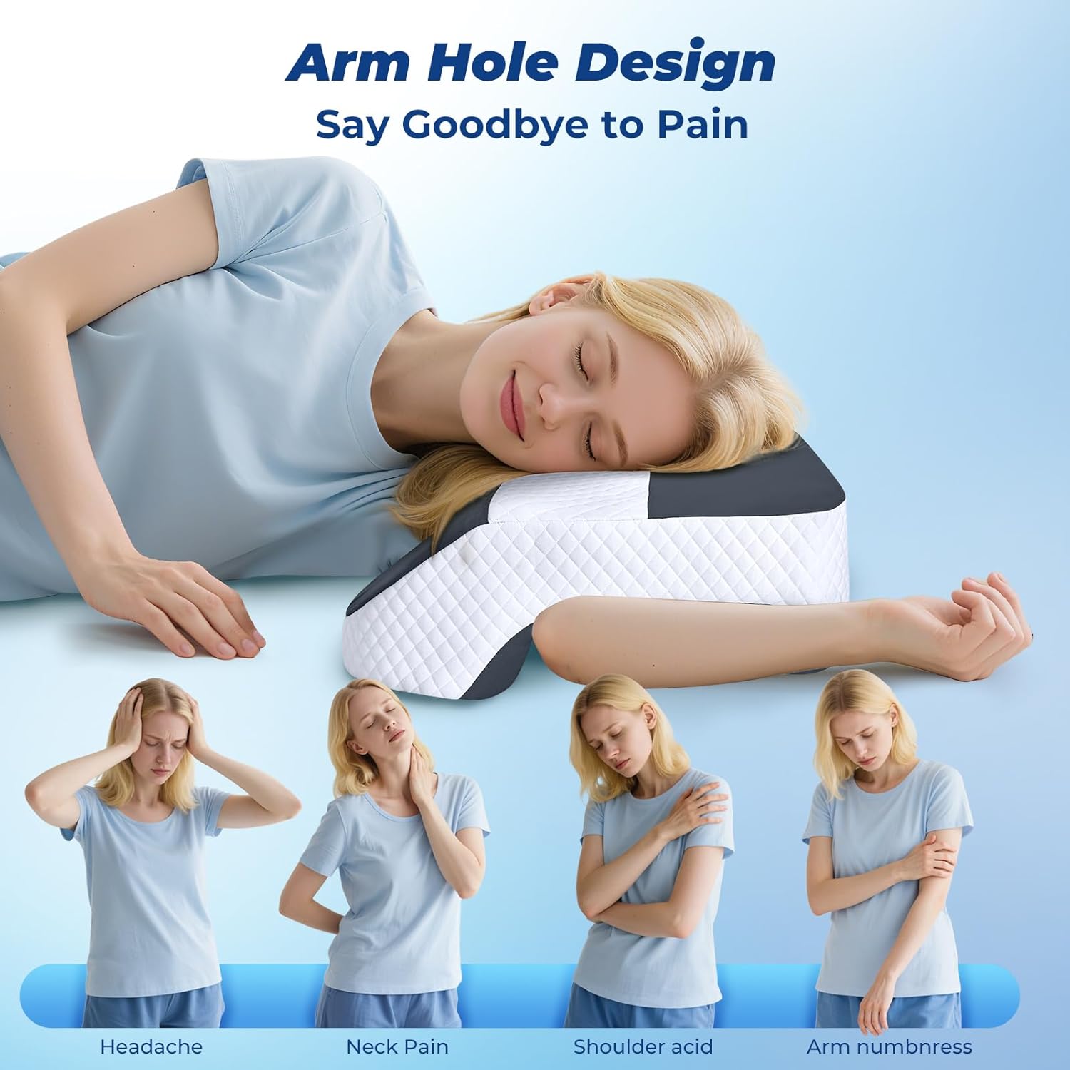 SAHEYER Side Sleeper Pillow with Arm Holes, 2 in 1 Shoulder Relief System for Rotator Cuff Pain, Memory Foam Pillow for Adults with 3 Arm Place Hole, Grey