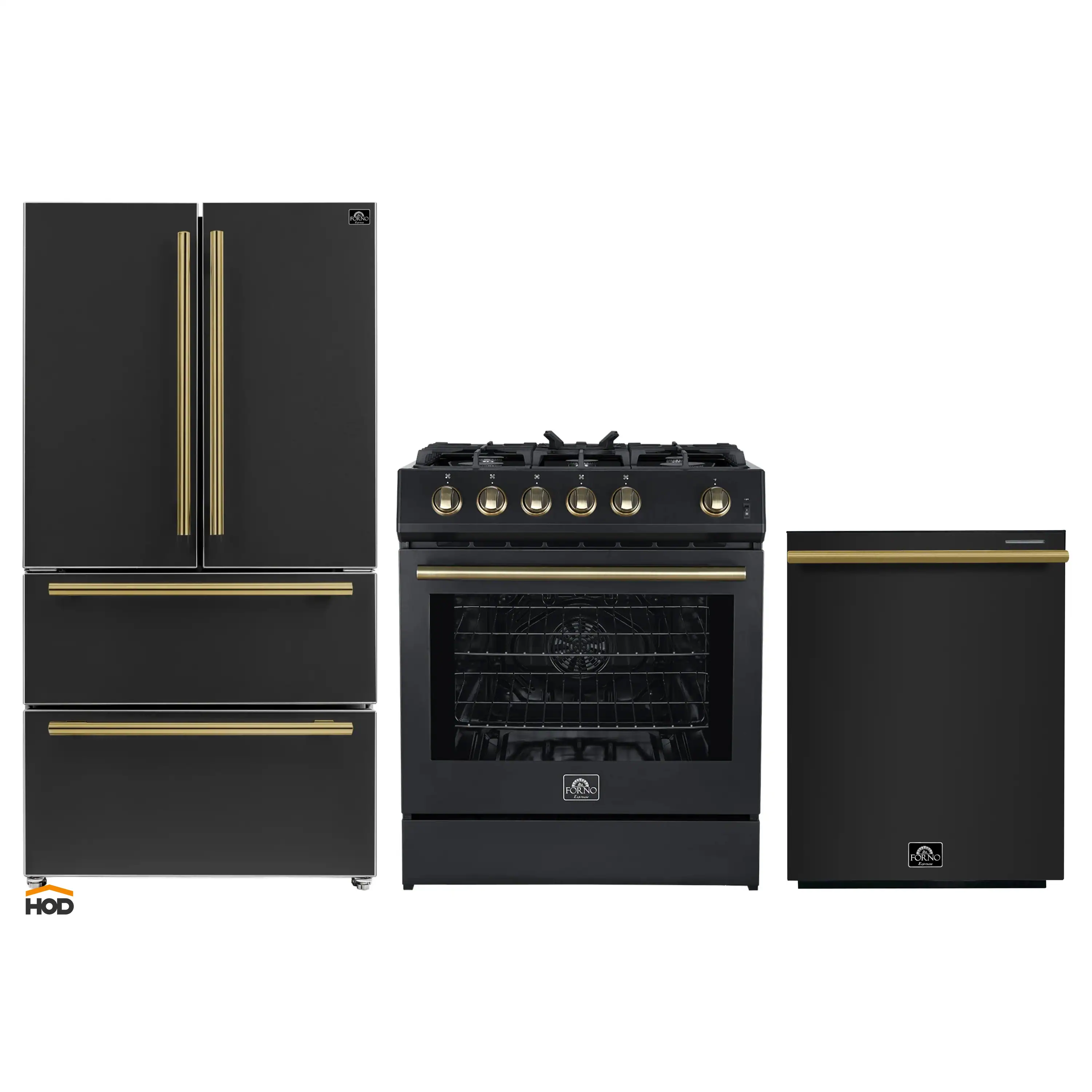 Forno 3-Piece Appliance Package - 30-Inch Gas Range, Refrigerator, and Dishwasher in Black with Antique Brass Trim