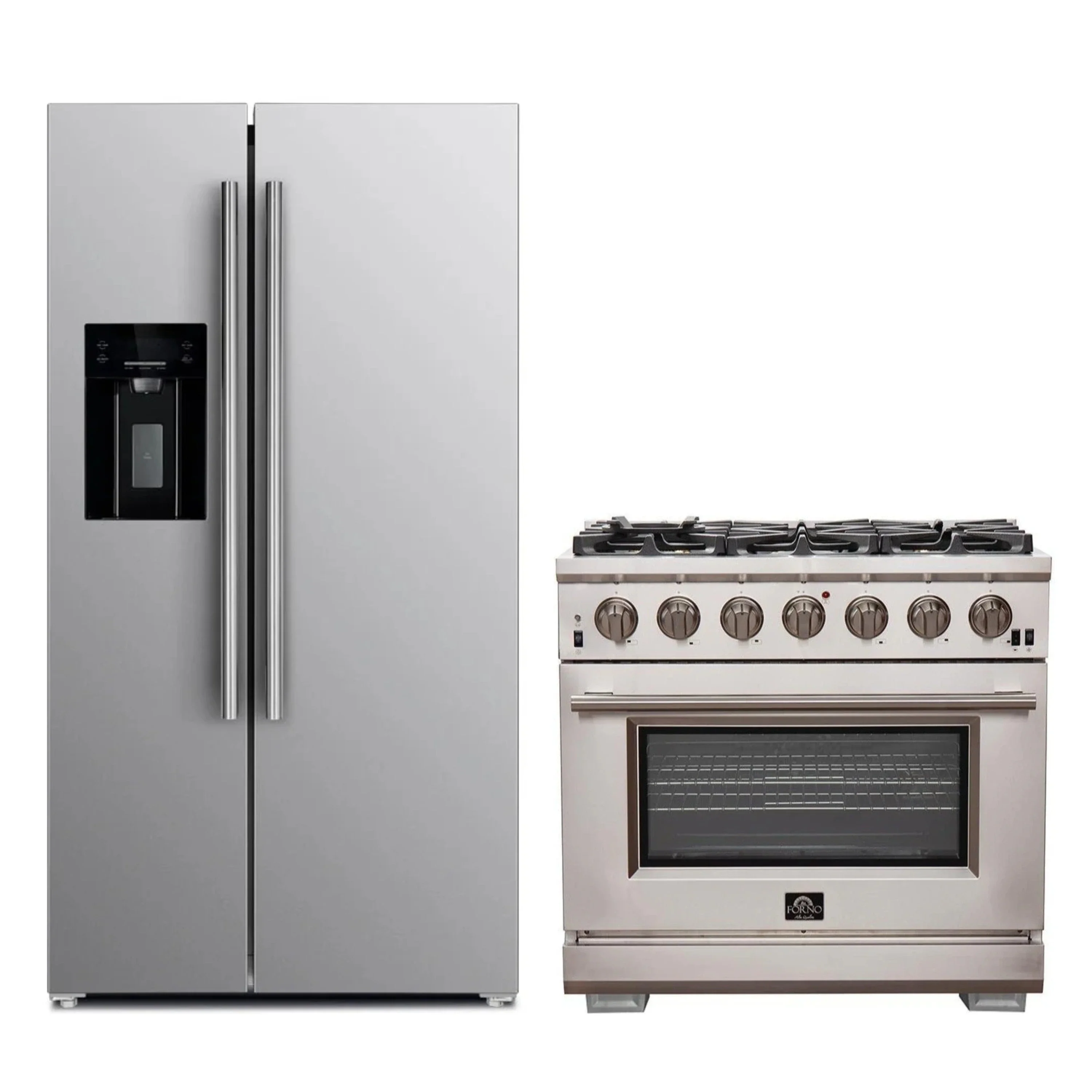 FORNO 2-Piece Appliance Package- 36-Inch Gas Range and 36-Inch Refrigerator with Water Dispenser in Stainless Steel (FBDL-019-02CAUS)