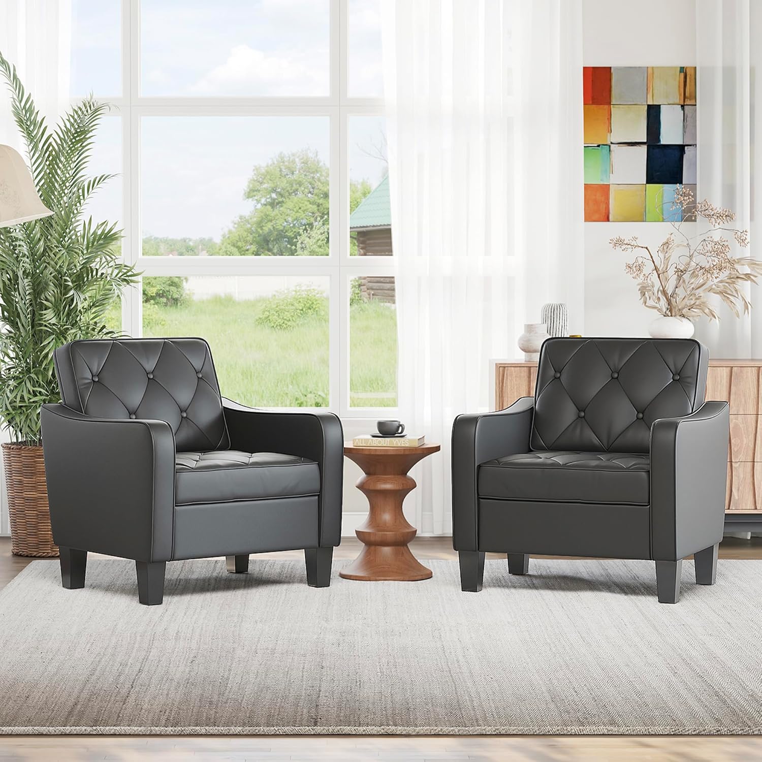 STHOUYN Living Room Arm Chairs Set of 2, Black Faux Leather Accent Chair, Waiting Room Chairs, Office Reading Chair for Guest (2, Black)