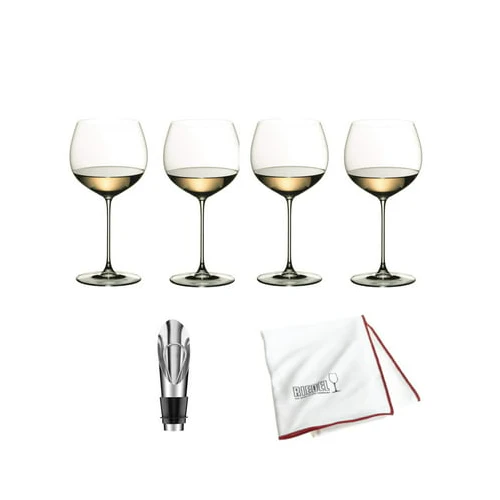 Riedel Veritas Chardonnay Glasses (4-pack) with Cloth and Wine Pourer