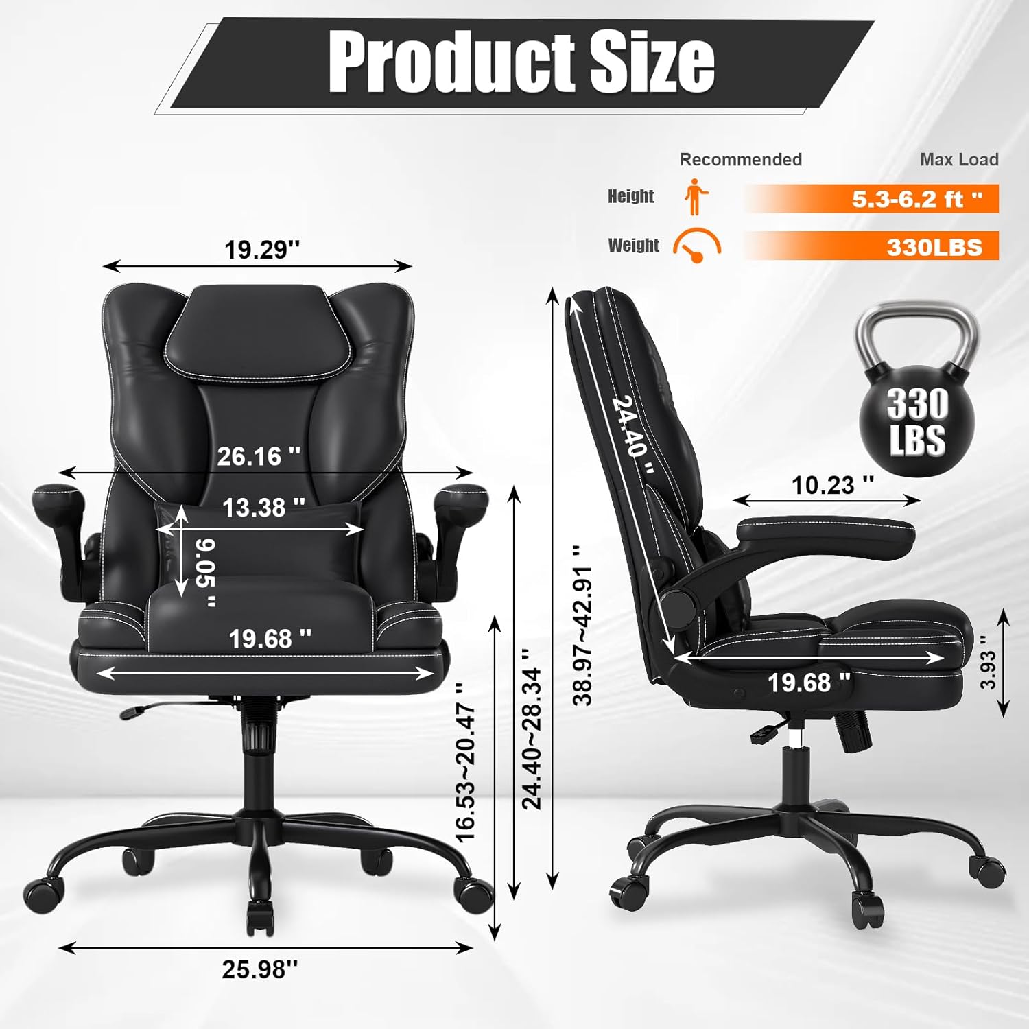 Ergonomic Office Chair with Flip-up Armrests 300lbs,Middle-Tall Computer Office Desk Chair with Lumbar Support,Executive Leather Chair with Rocking Function Adjustable Height for Home Office