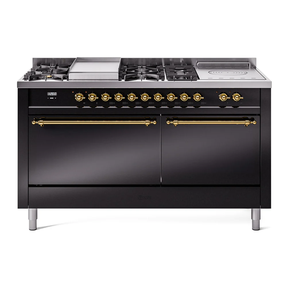 ILVE Nostalgie II 60-Inch Dual Fuel Range with 7 Burners, Griddle, & French Top with Solid Door Oven in Glossy Black with Brass Trim (UP60FSQNMPBKG)