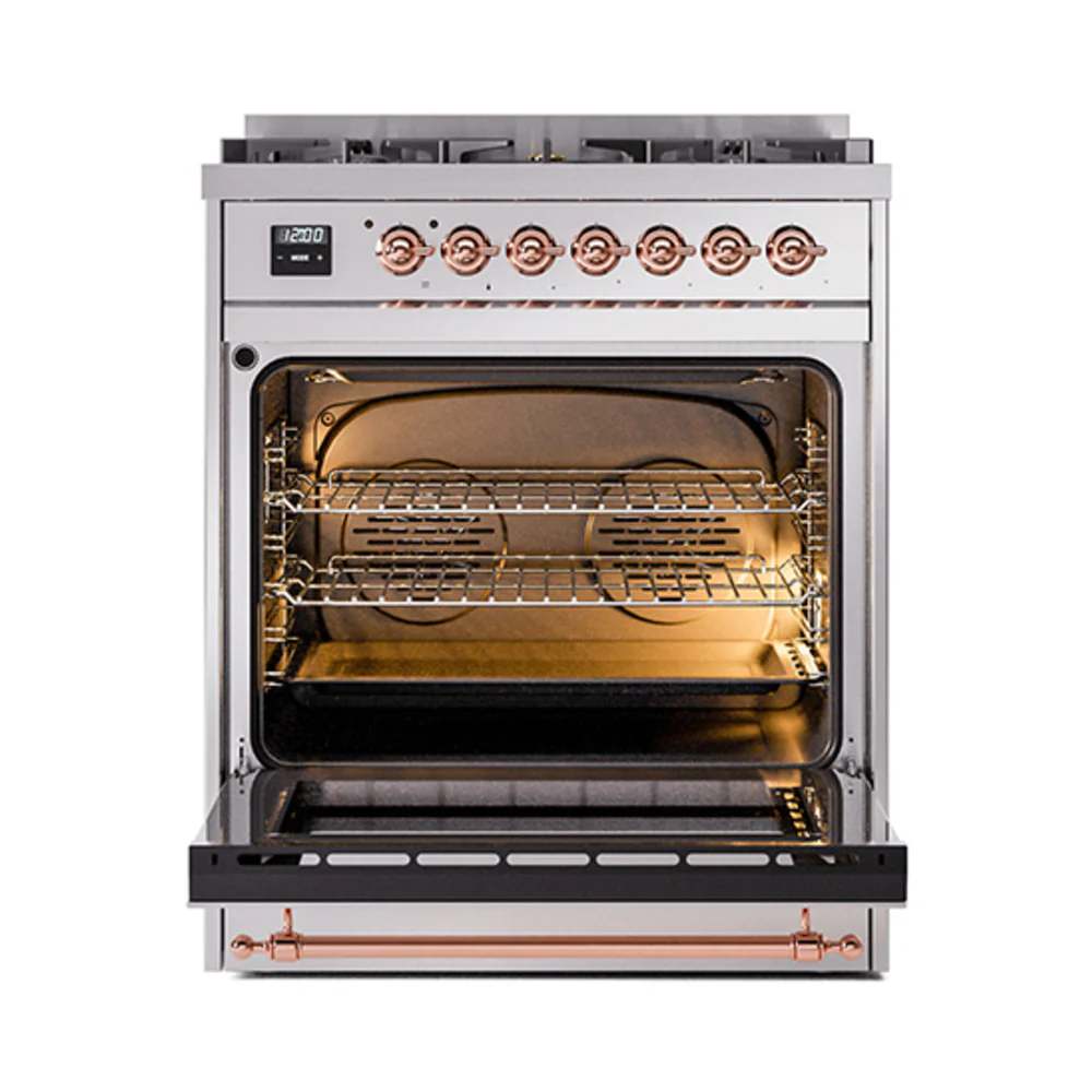 ILVE Nostalgie II 30-Inch Dual Fuel Range with Solid Door in Stainless Steel with Copper Trim (UP30QNMPSSP)