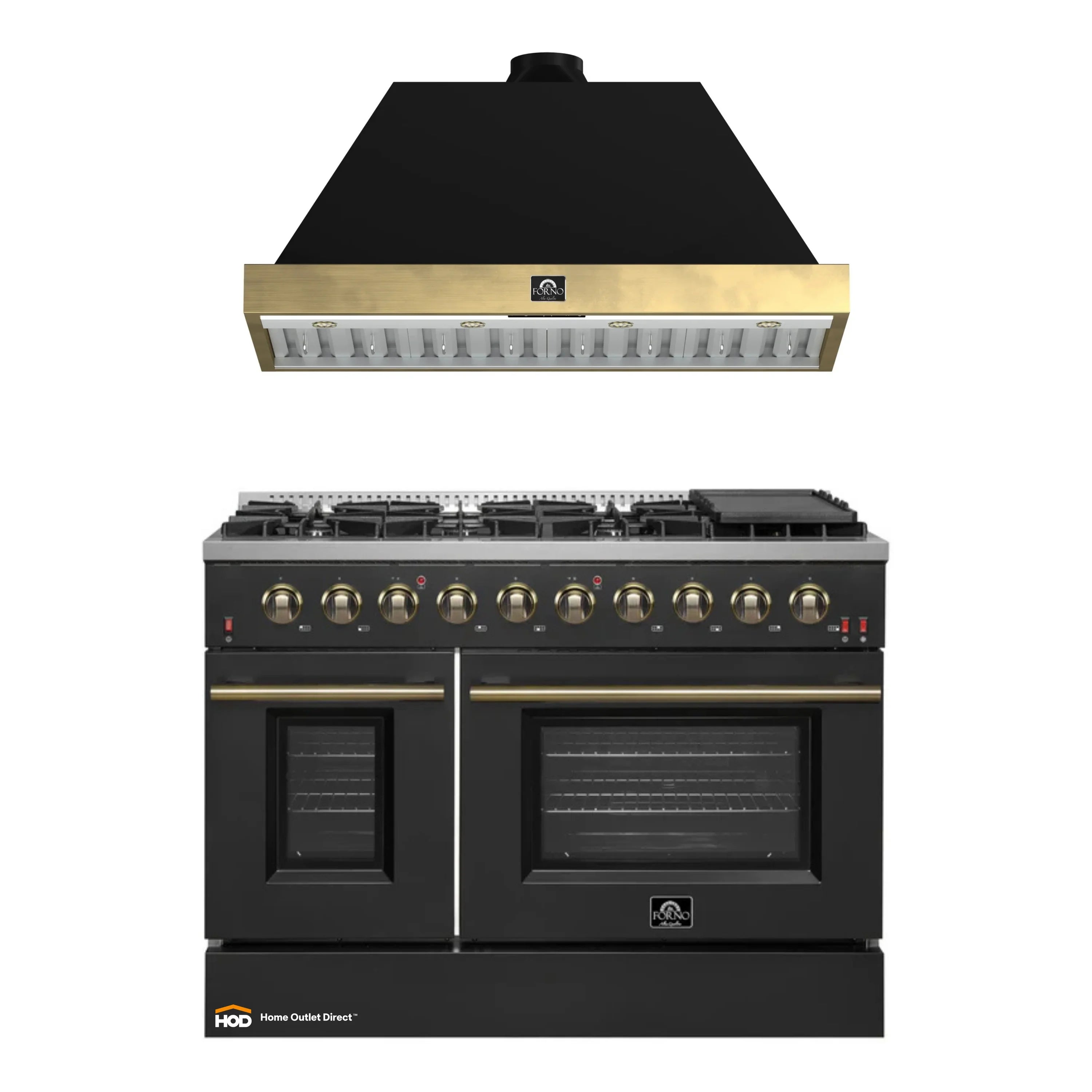 Forno Galiano 2-Piece Appliance Package - 48-Inch Gas Range & 48-Inch Wall Mount Range Hood in Black with Antique Brass Trim