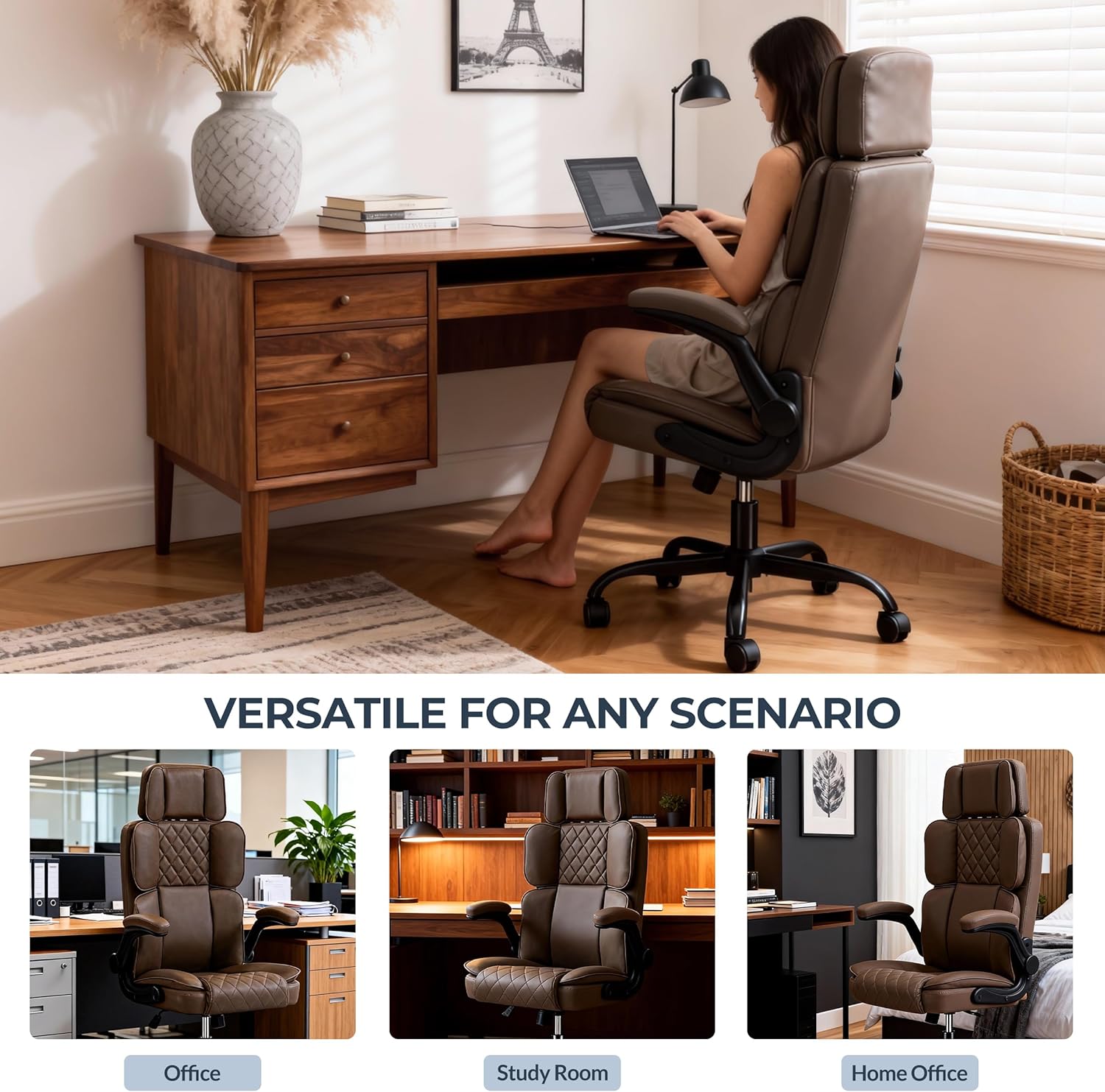 Leather Office Chair with Adjustable Headrest, Padded Flip-Up Armrests, Executive Home Office Desk Chairs with Ergonomic Back Support, Swivel Rolling Computer Chair for Work, Study, Brown