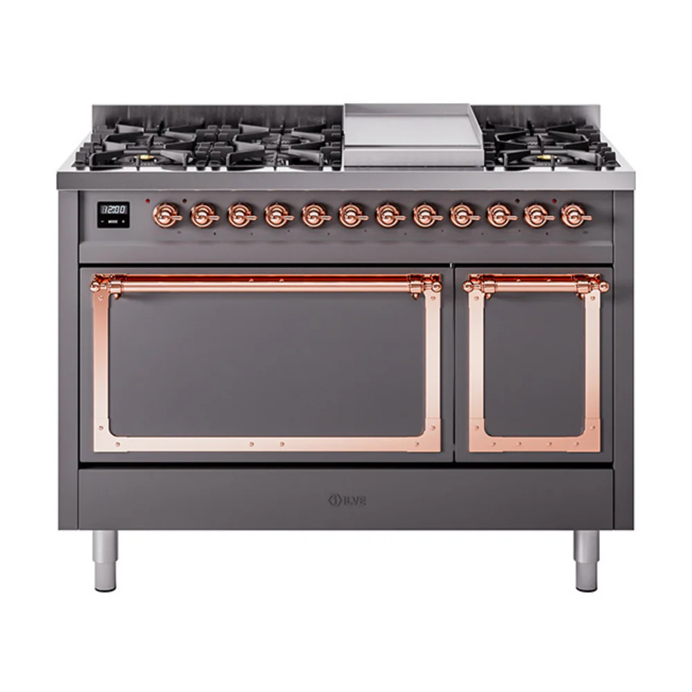 ILVE Nostalgie II Noblesse 48-Inch Dual Fuel Freestanding Range with Solid Door Oven in Matte Graphite with Copper Trim (UN48FQNMPMGP)