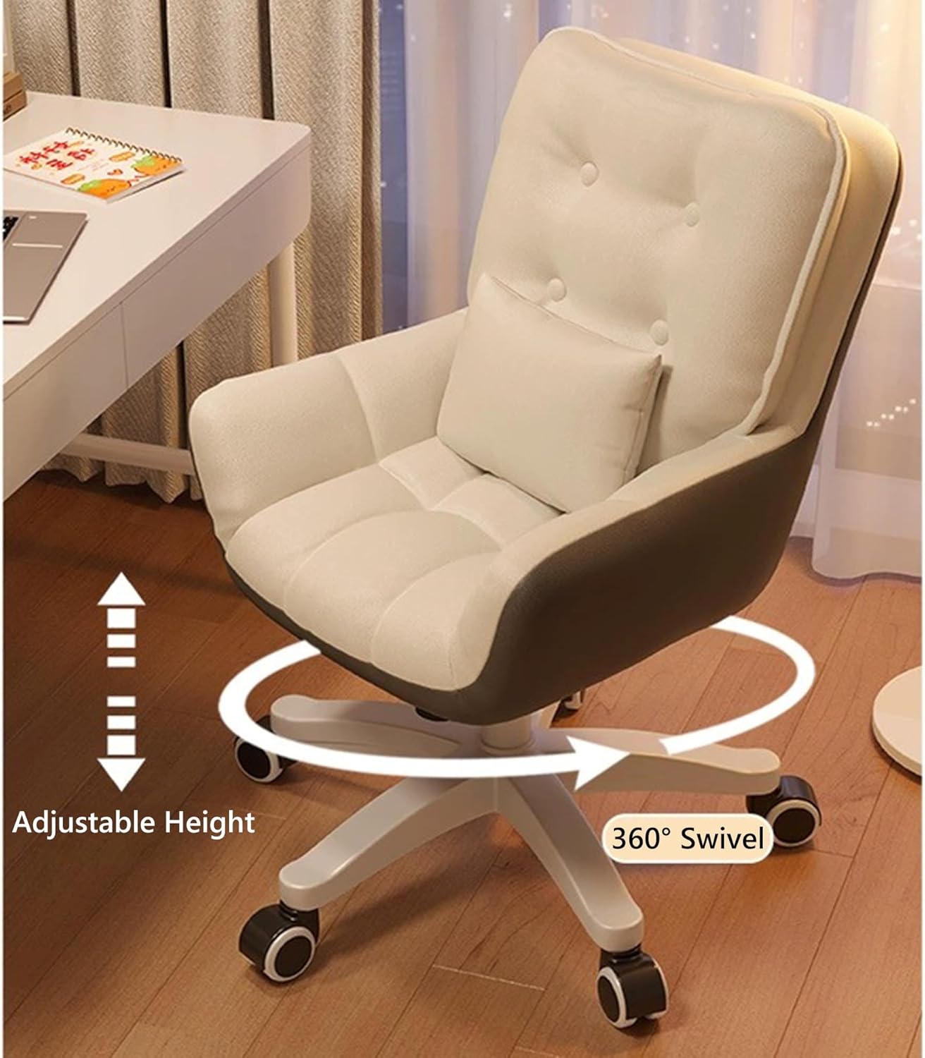 Home Office Desk Chair, Leather Ergonomic Swivel Computer Task Chair with Lumbar Support and Arms, Adjustable Height Vanity Chair, Easy to Assemble (Off-White+gray1-Height 75-85CM