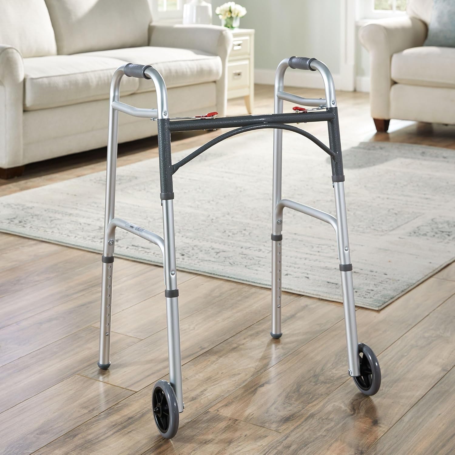 McKesson Folding Walkers with Wheels, Aluminum, 32 in to 39 in, 350 lbs Weight Capacity, 4 Count