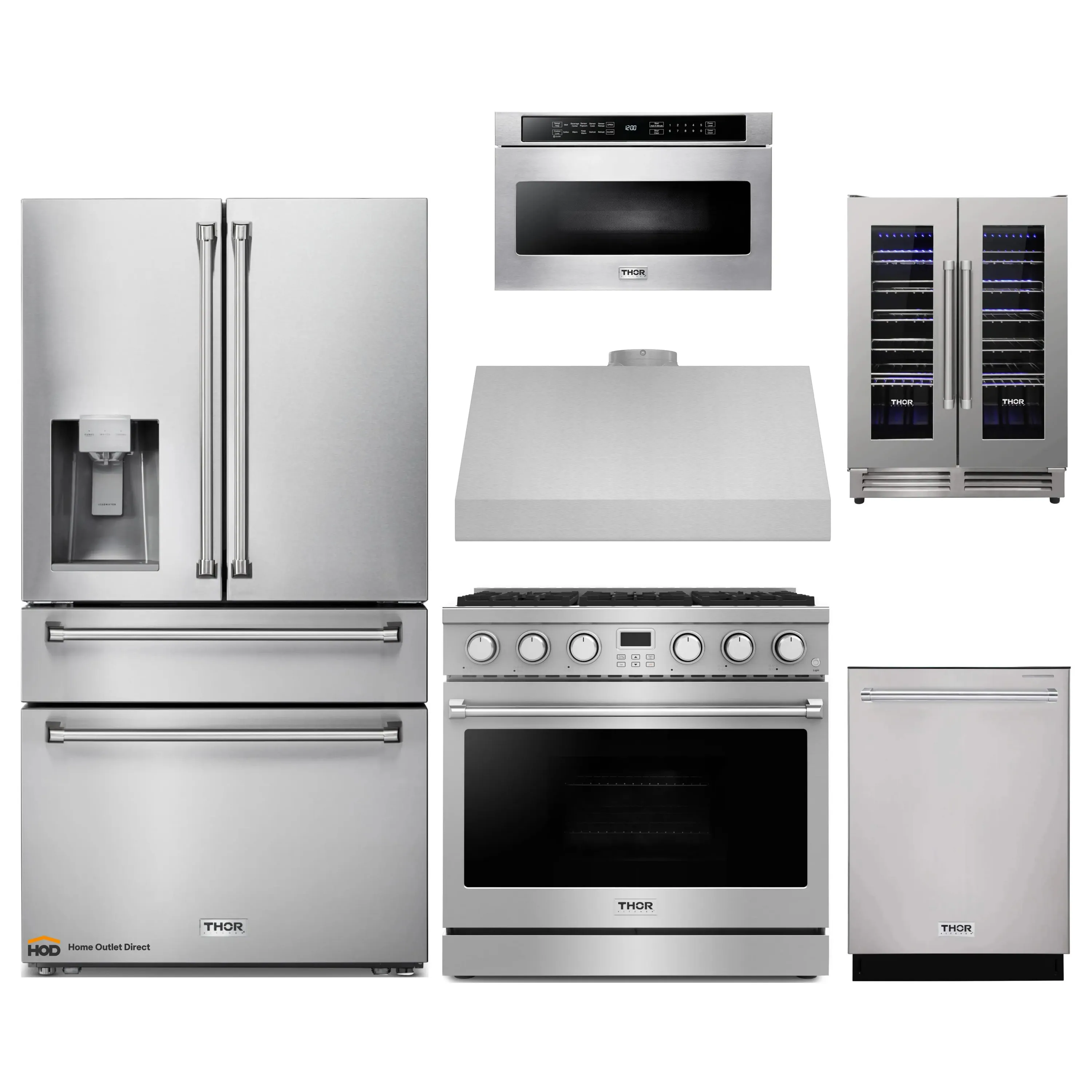 Thor Kitchen A-Series 6-Piece Appliance Package - 36-Inch Gas Range, Under Cabinet Range Hood, Refrigerator with Water Dispenser, Dishwasher, Microwave, and Wine Cooler in Stainless Steel