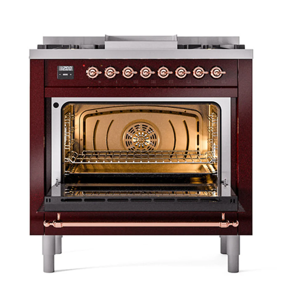 ILVE 36-Inch Nostalgie II Dual Fuel Range with 6 Burners and Solid Door Oven in Burgundy with Copper Trim (UP36FQNMPBUP)