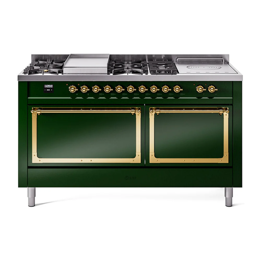 ILVE 60-Inch Nostalgie II Noblesse Dual Fuel Range with 7 Sealed Burners, Gridlde, French Top, and Solid Door Oven in Emerald Green with Brass Trim (UN60FSQNMPEGG)