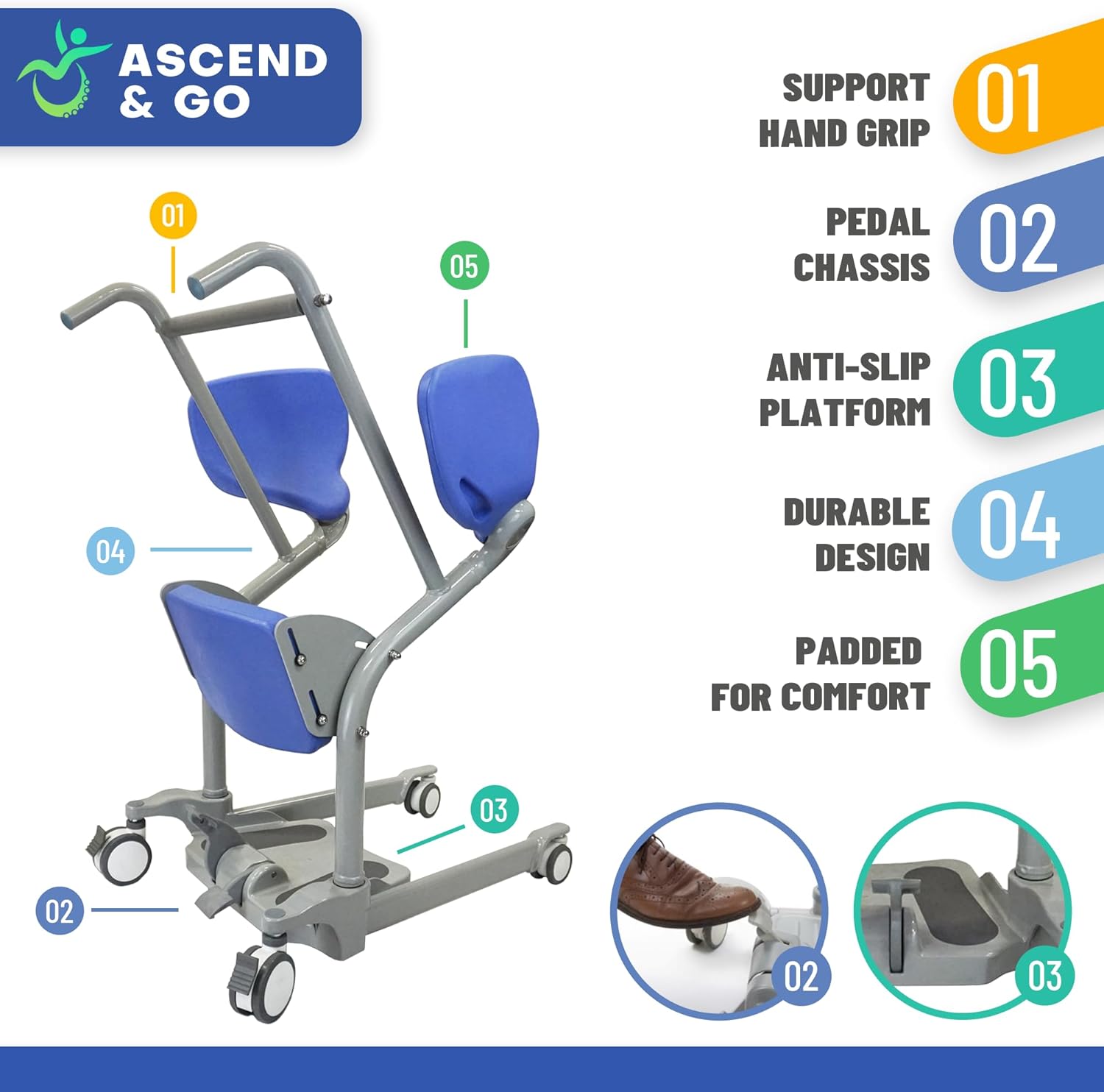 Ascend & GO - Manual Sit to Stand Elderly Assist Transfer Patient Lift Aid, Standing Assist Lift, Senior Transport Assistance Patient Chair, Stand Up Lift - Homecare Professional Use 400lbs. Lift Cap