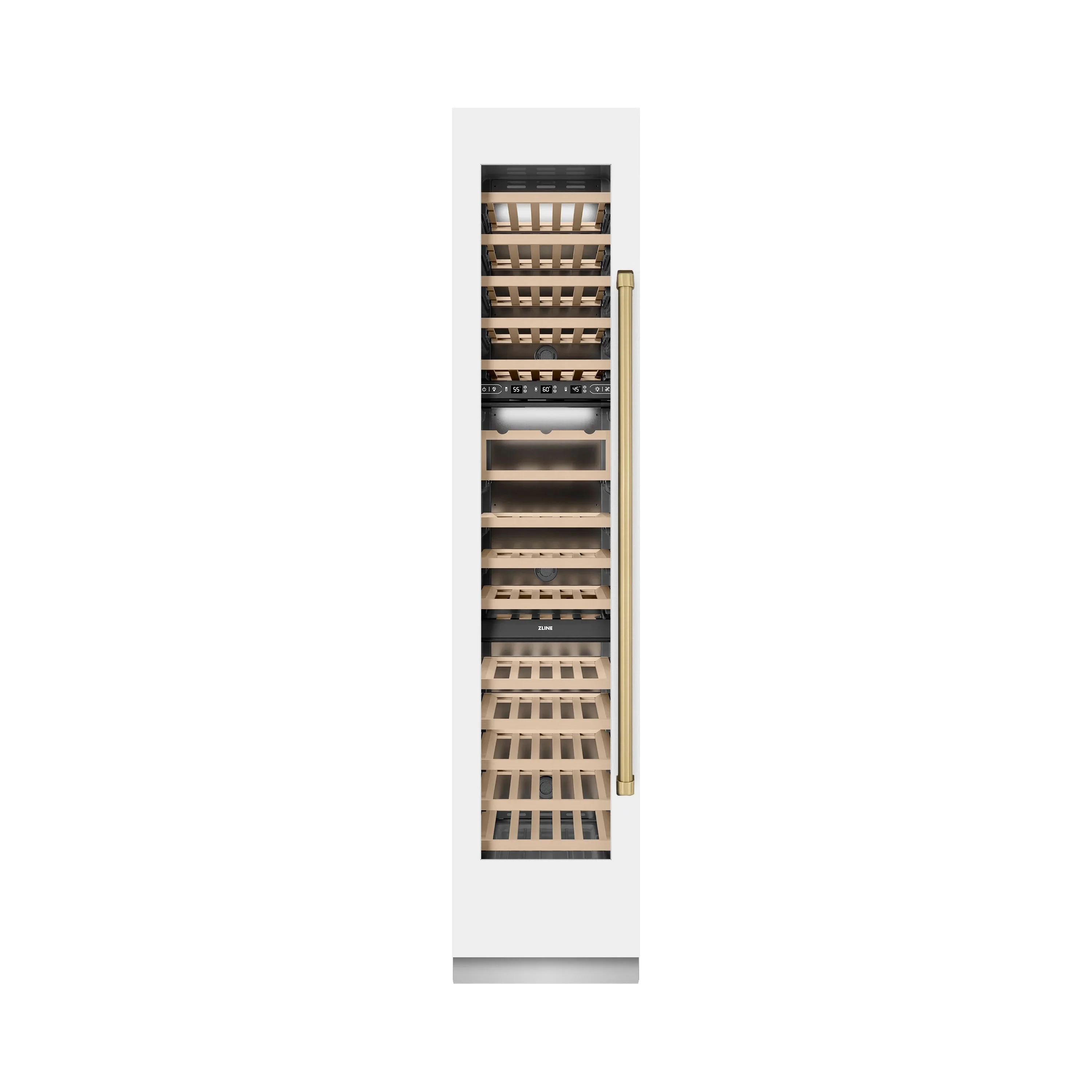 ZLINE Autograph Edition 18-Inch 9.0 Cu. Ft. Triple Zone 68 Bottle Left Hinge Column Wine Cooler in White Matte with Champagne Bronze Accents (RCWVLZ-WM-18-CB)