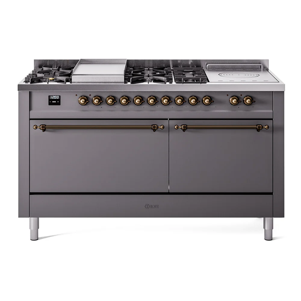 ILVE Nostalgie II 60-Inch Dual Fuel Range with 7 Burners, Griddle, & French Top with Solid Door Oven in Matte Graphite with Bronze Trim (UP60FSQNMPMGB)
