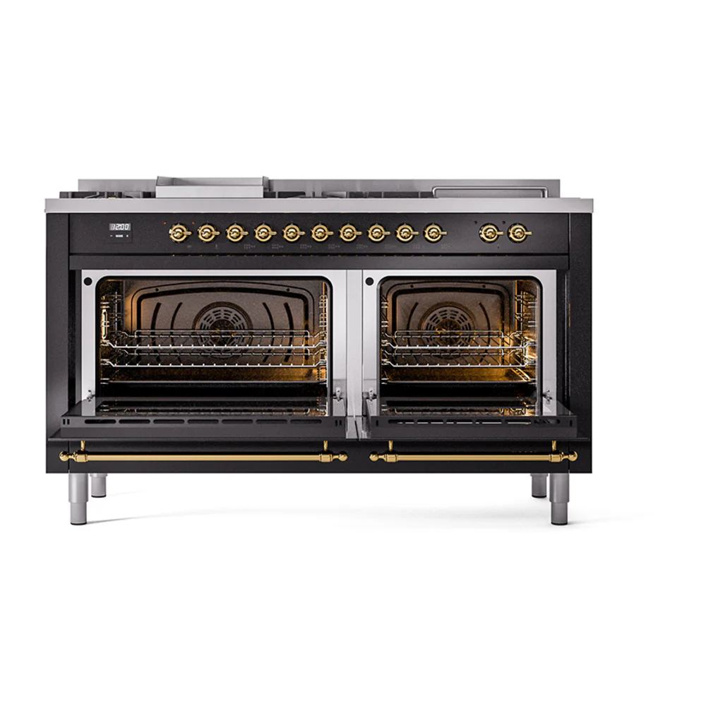 ILVE Nostalgie II 60-Inch Dual Fuel Range with 7 Burners, Griddle, & French Top with Solid Door Oven in Glossy Black with Brass Trim (UP60FSQNMPBKG)