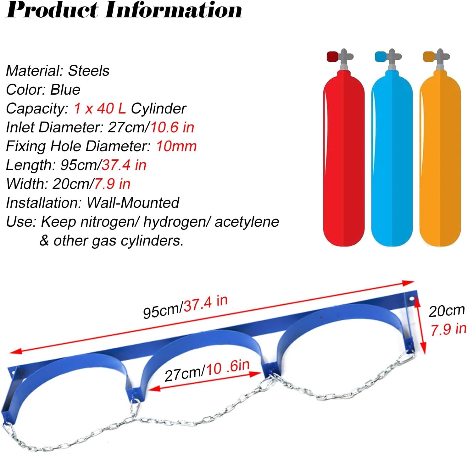 Blue Steel Gas Cylinder Fixed Rack with Protective Chain, Cylinder Wall Mounted Brackets, Gas Cylinder Organizer Shelf for Hospital/Labs/Corporate,7 Pcs-3 Bottles - 37.4x7.9 in