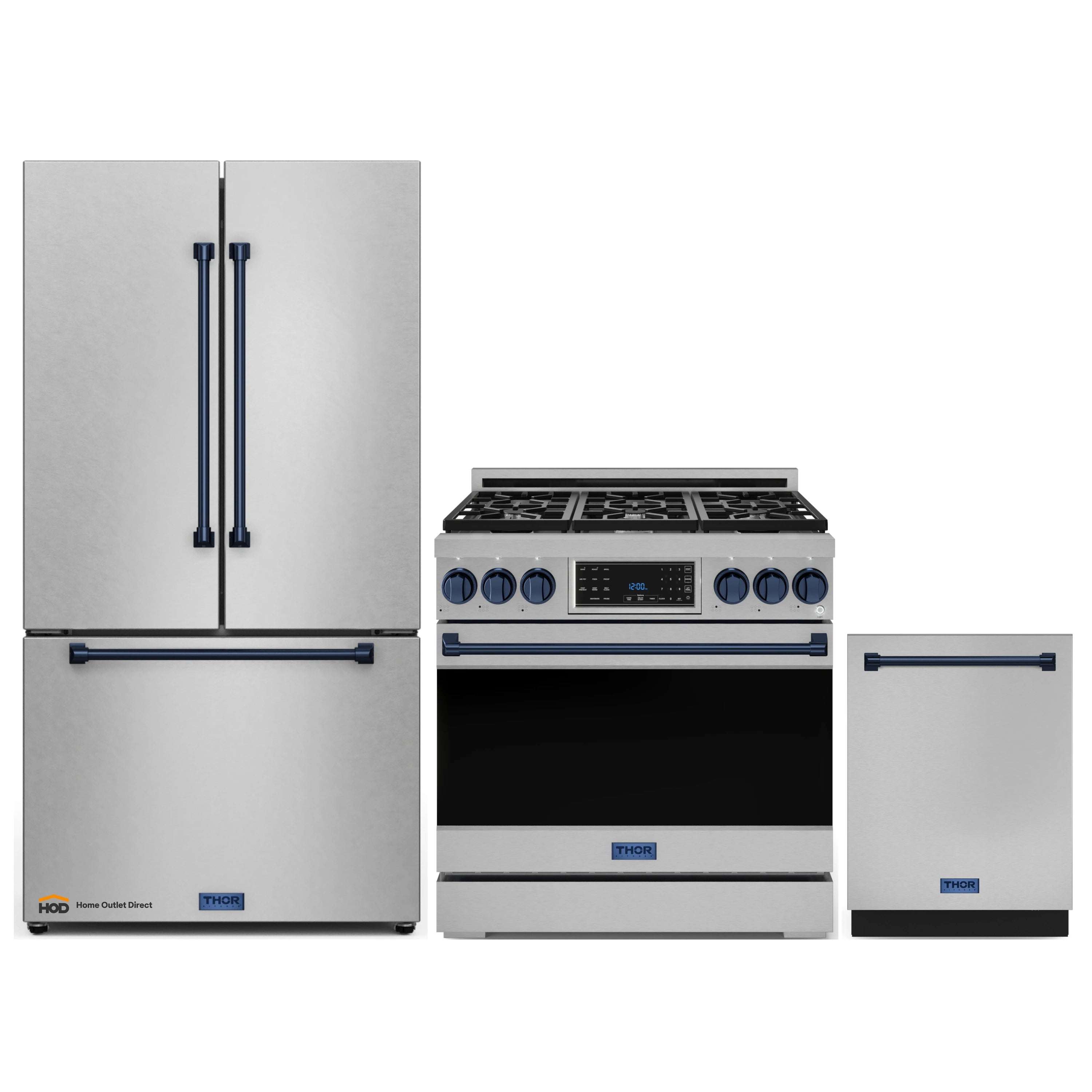 Gordon Ramsay by Thor Kitchen 3-Piece Appliance Package - 36-Inch Gas Range with Tilt Panel, 36-Inch Refrigerator, and Dishwasher in Stainless Steel with Blue Trim