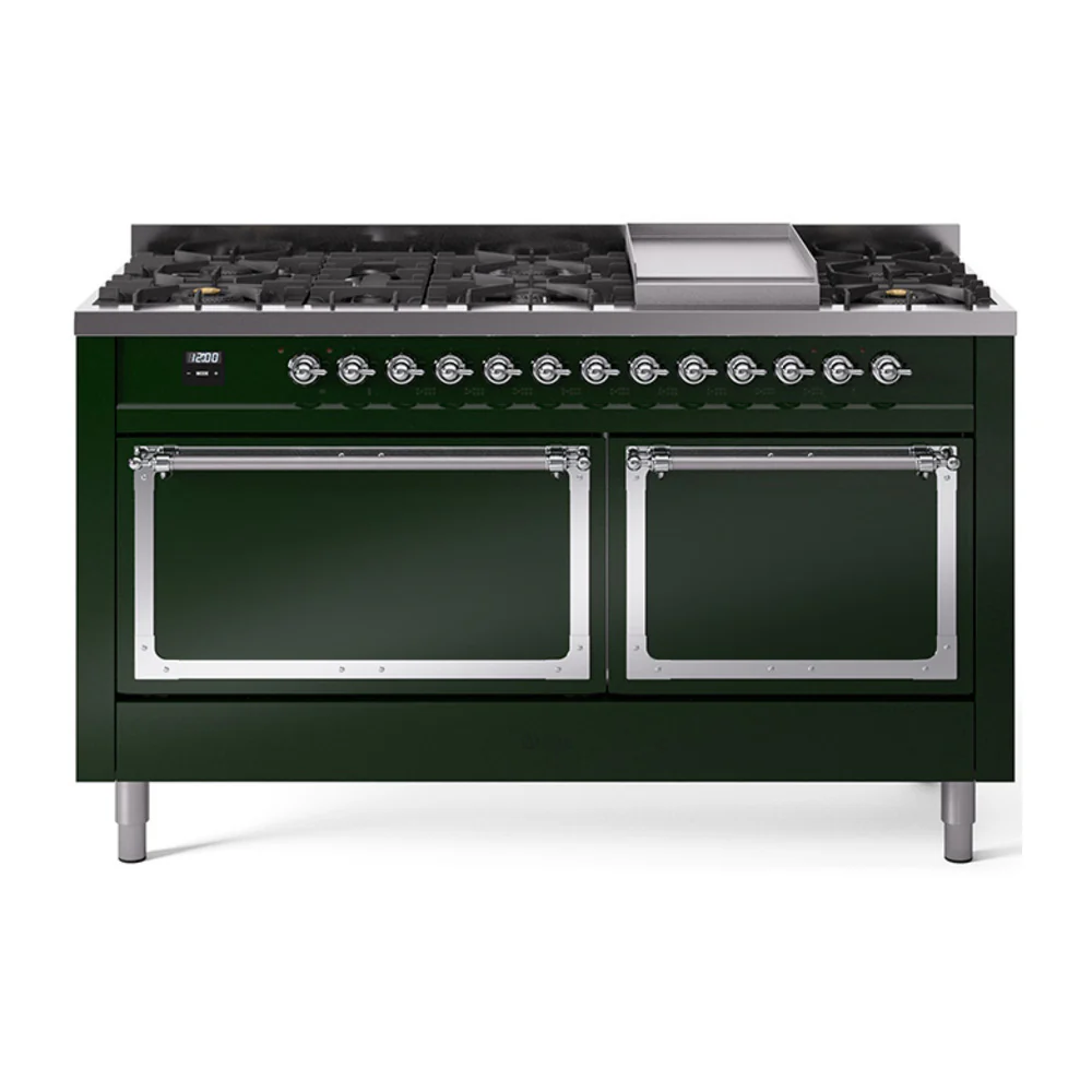 ILVE 60-Inch Nostalgie II Noblesse Dual Fuel Range with 9 Sealed Burners, Griddle, and Solid Door Oven in Emerald Green with Chrome Trim (UN60FQNMPEGC)